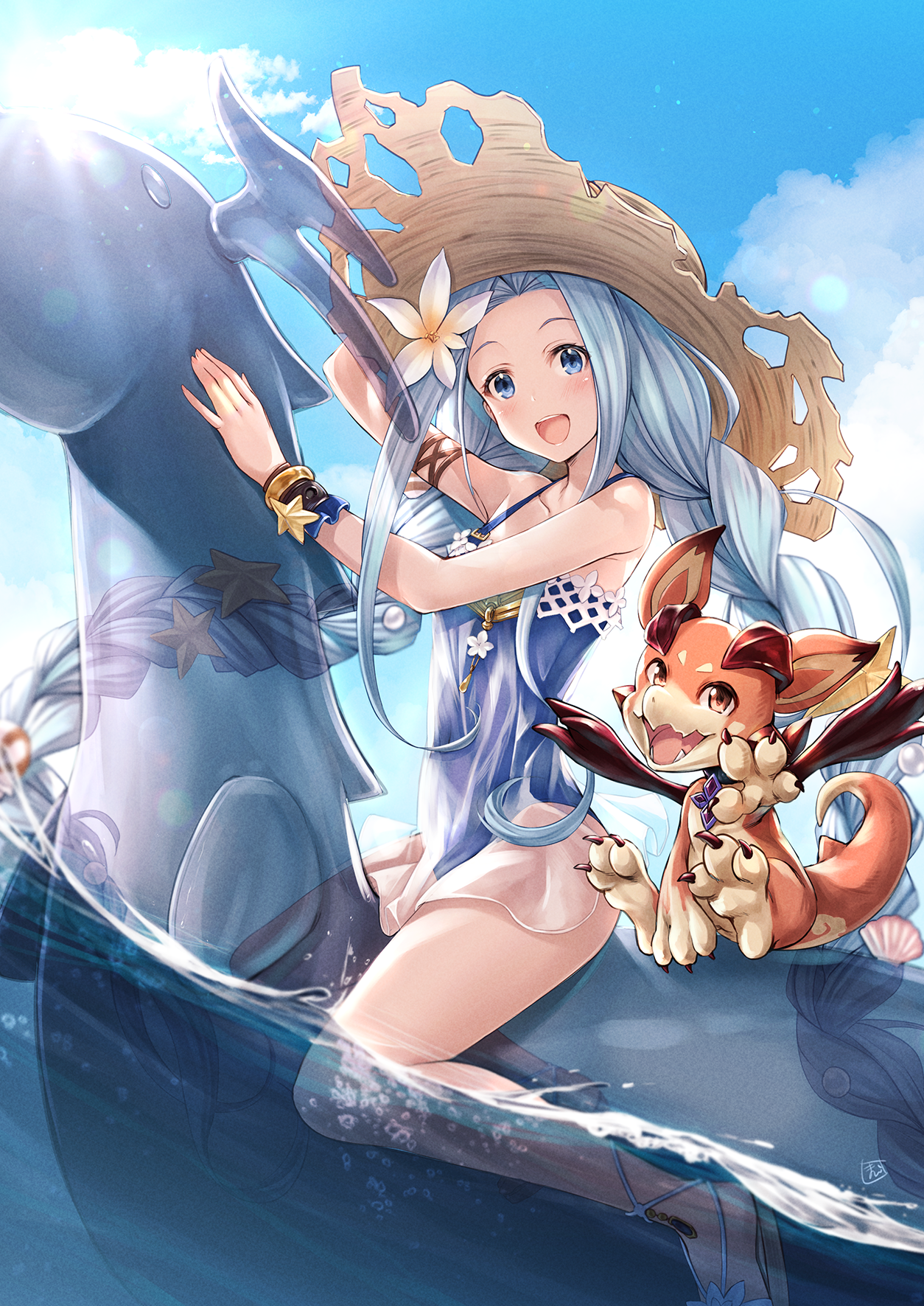 Girl in straw hat riding a dolphin with a small dragon HD Phone Wallpaper