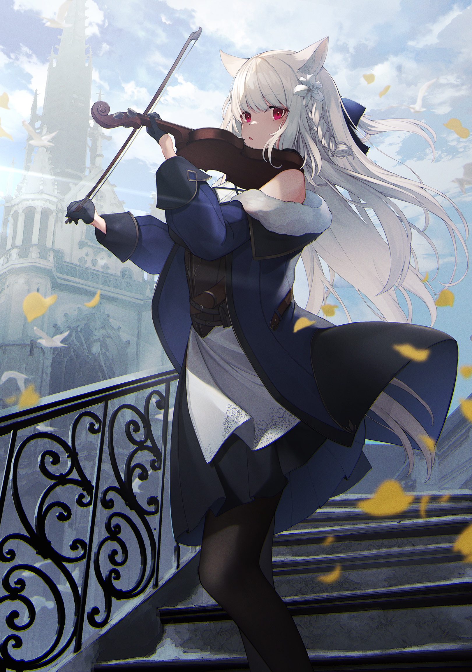 Anime girl with white hair playing violin on stairs HD Phone Wallpaper