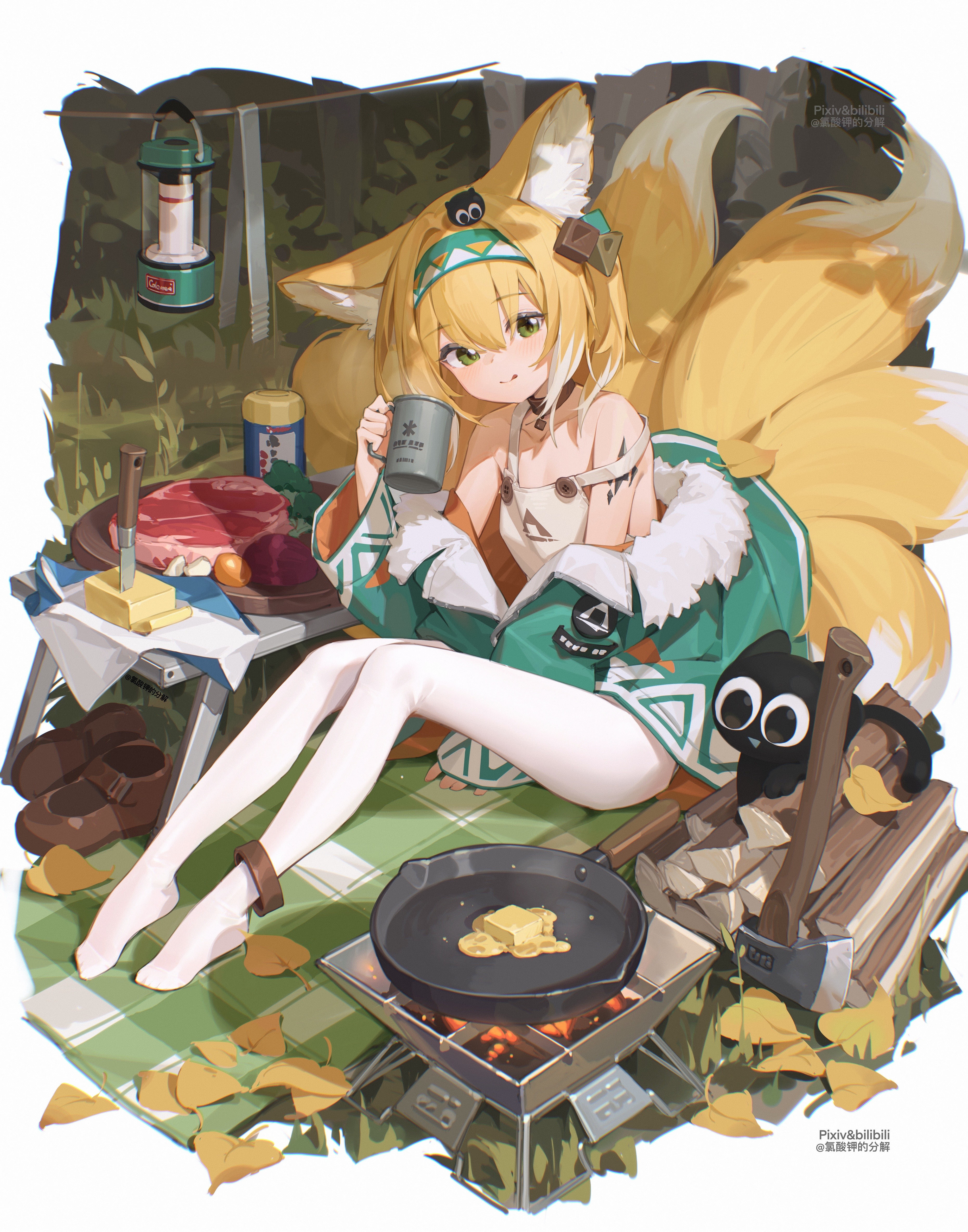 Arknights Suzuran cooking outdoors with fox ears and tail HD Phone Wallpaper