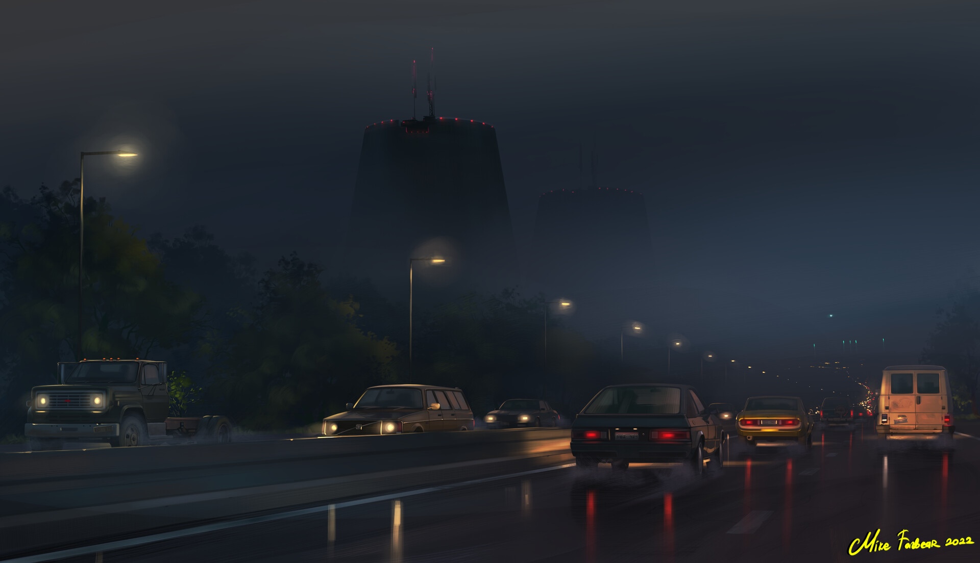 Nightscape with cars on a wet road and Mike Fazbear artwork HD Wallpaper
