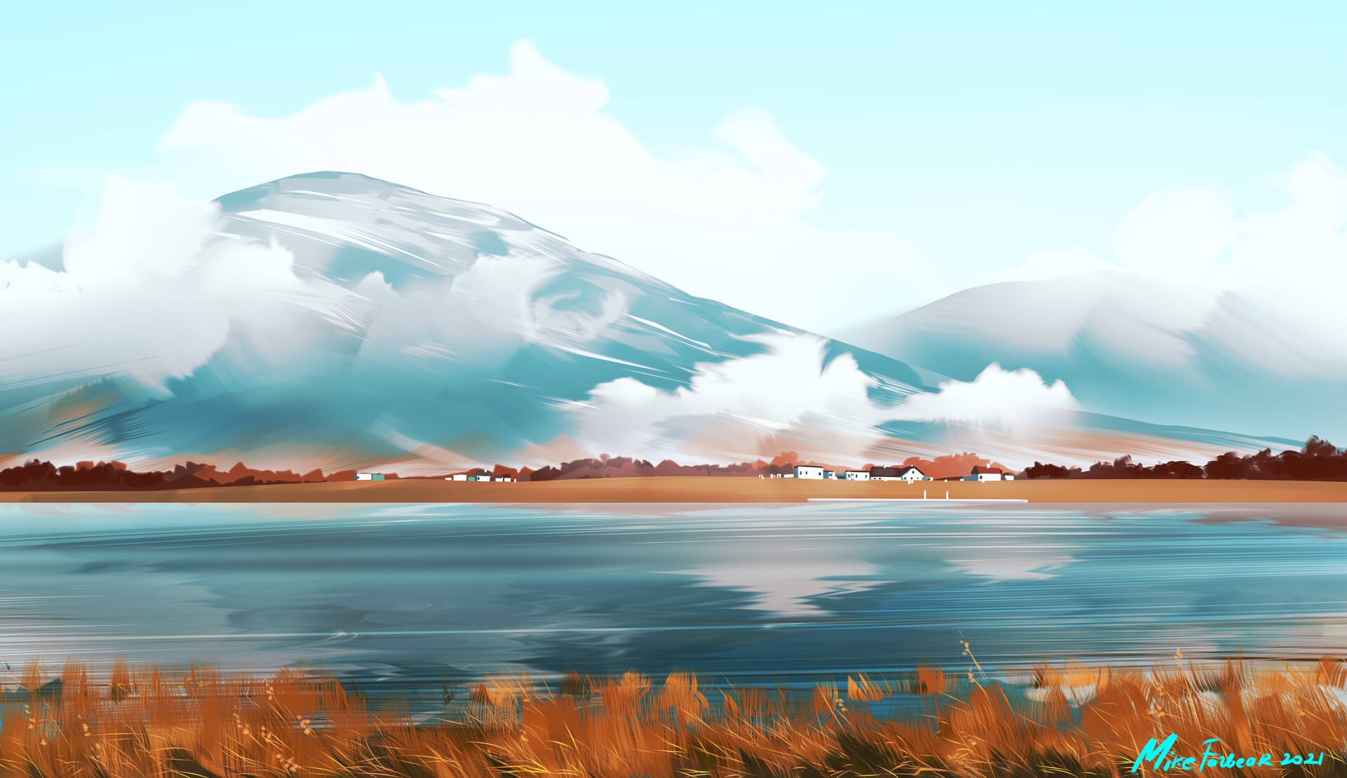 Mike Fazbear landscape painting of mountains and a lake HD Wallpaper