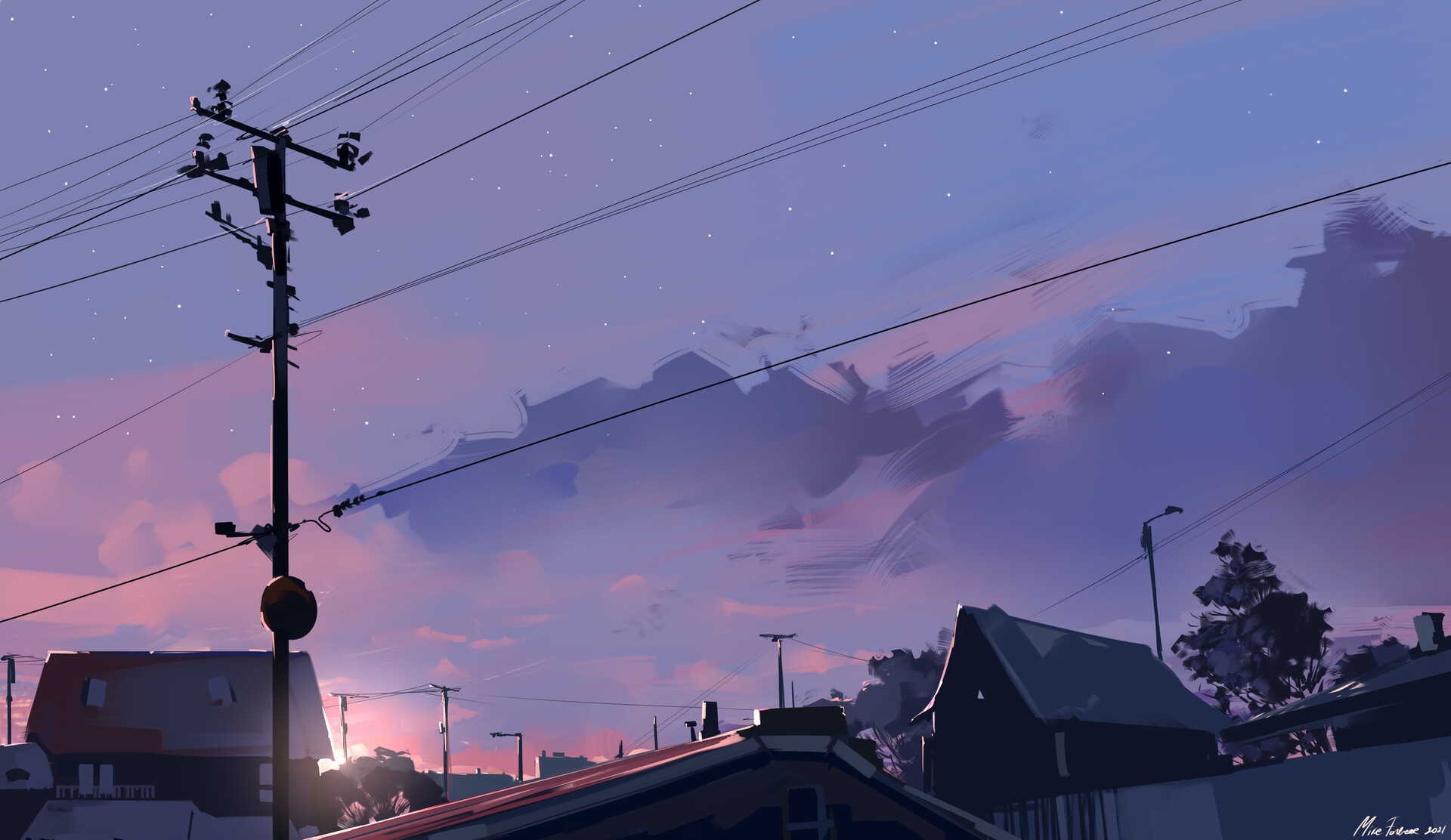 Mike Fazbear digital art of a cityscape at sunset HD Wallpaper