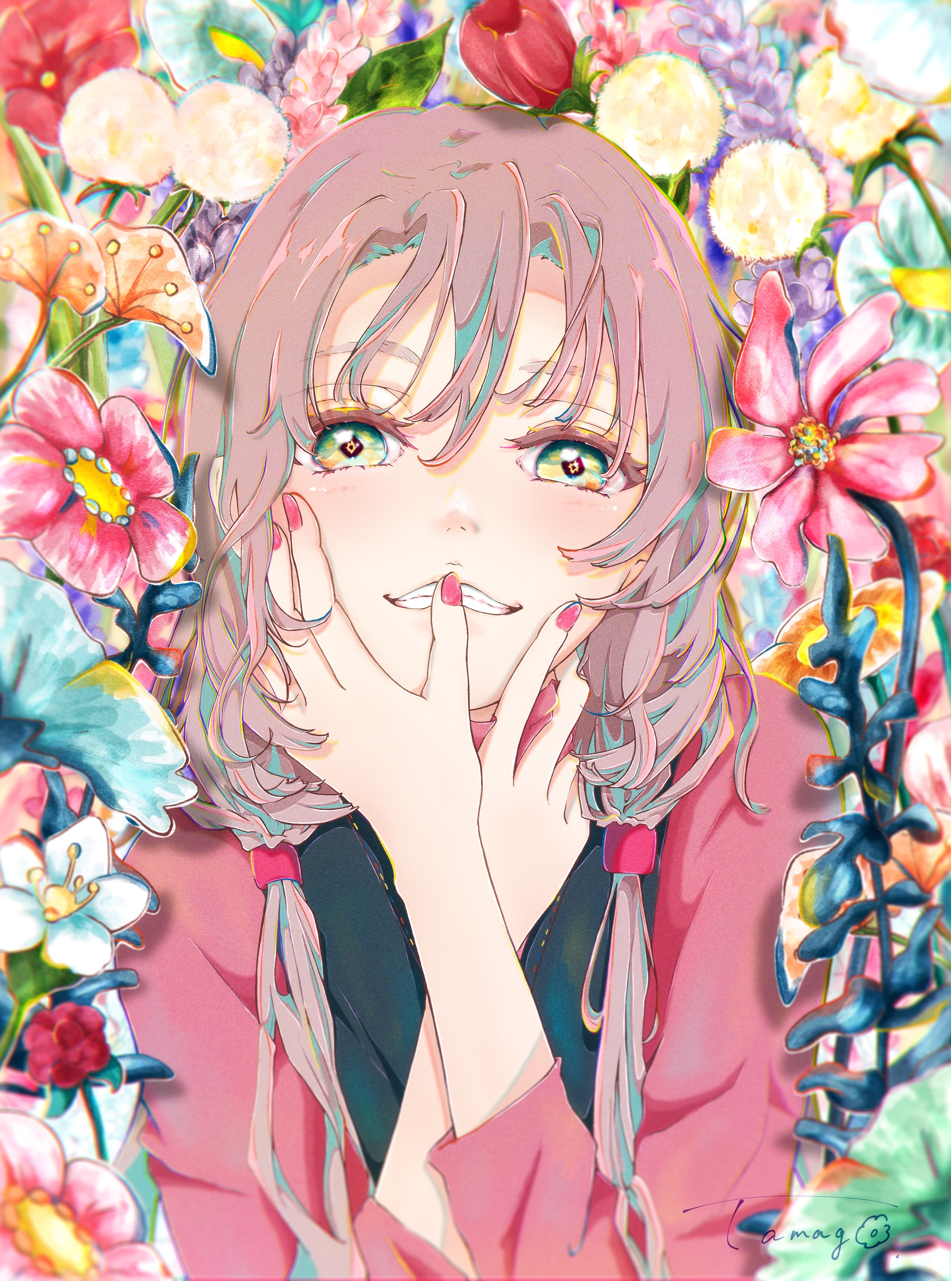 Anime girl with pink twintails and green eyes surrounded by flowers HD Phone Wallpaper
