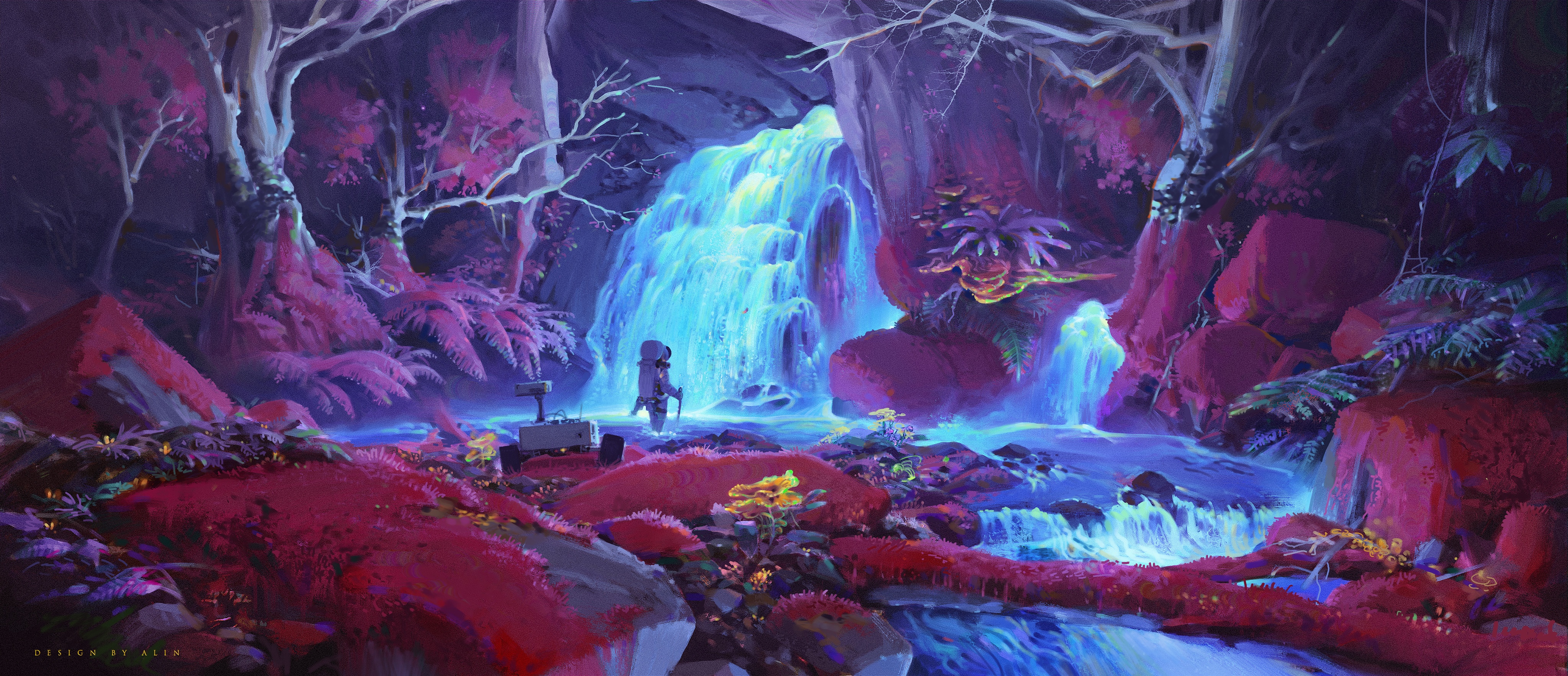 Fantasy forest with waterfall and astronaut HD Wallpaper
