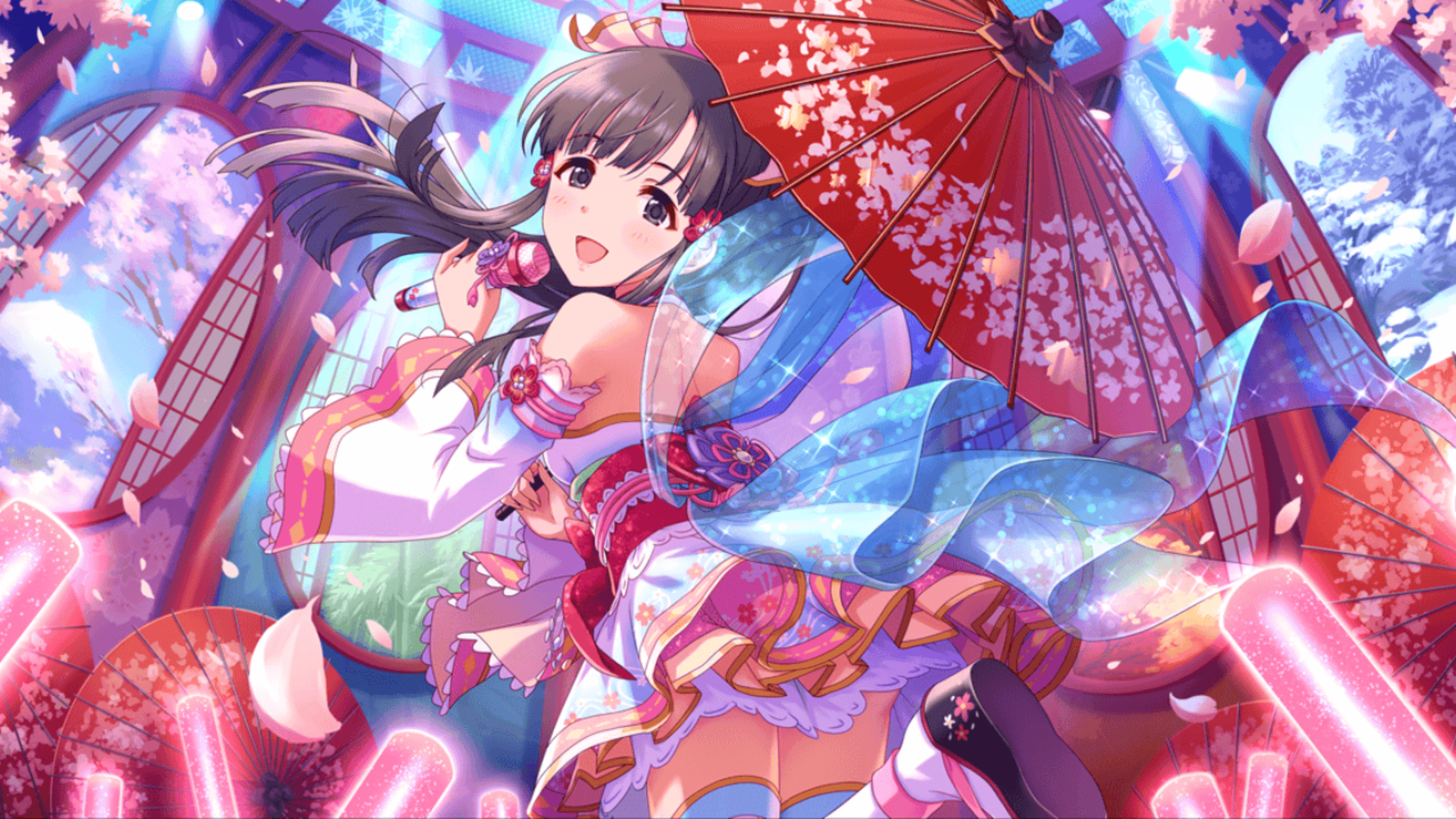 Girl in Kimono with Umbrella and Microphone HD Wallpaper