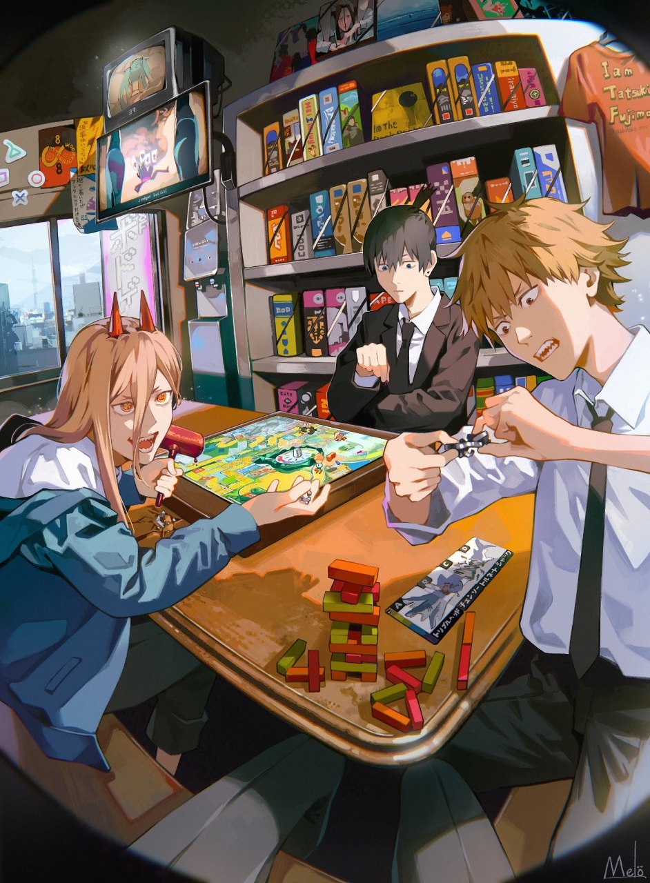 Power, Denji, and Aki playing a board game HD Phone Wallpaper