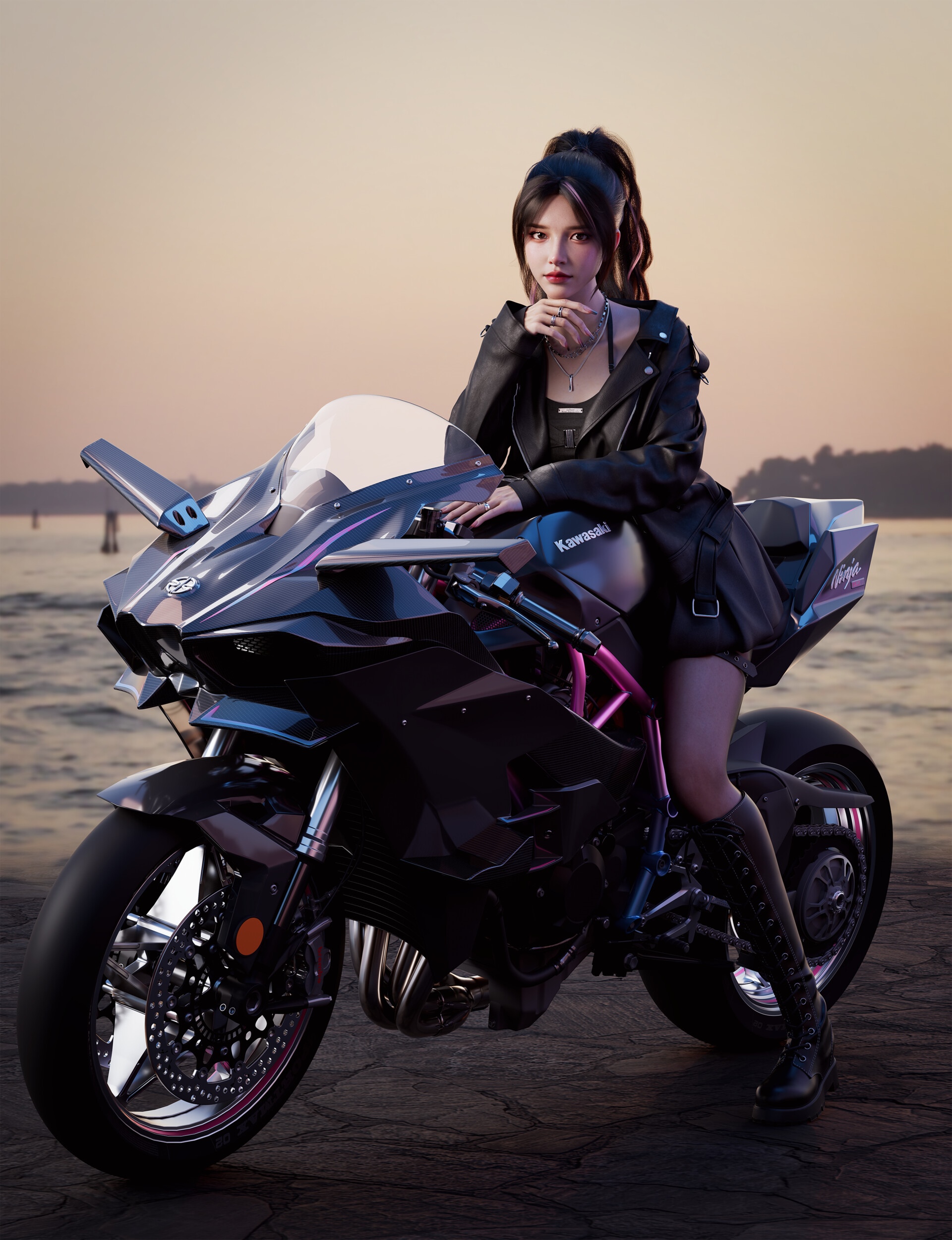 Woman in leather jacket on Kawasaki motorcycle at sunset HD Phone Wallpaper