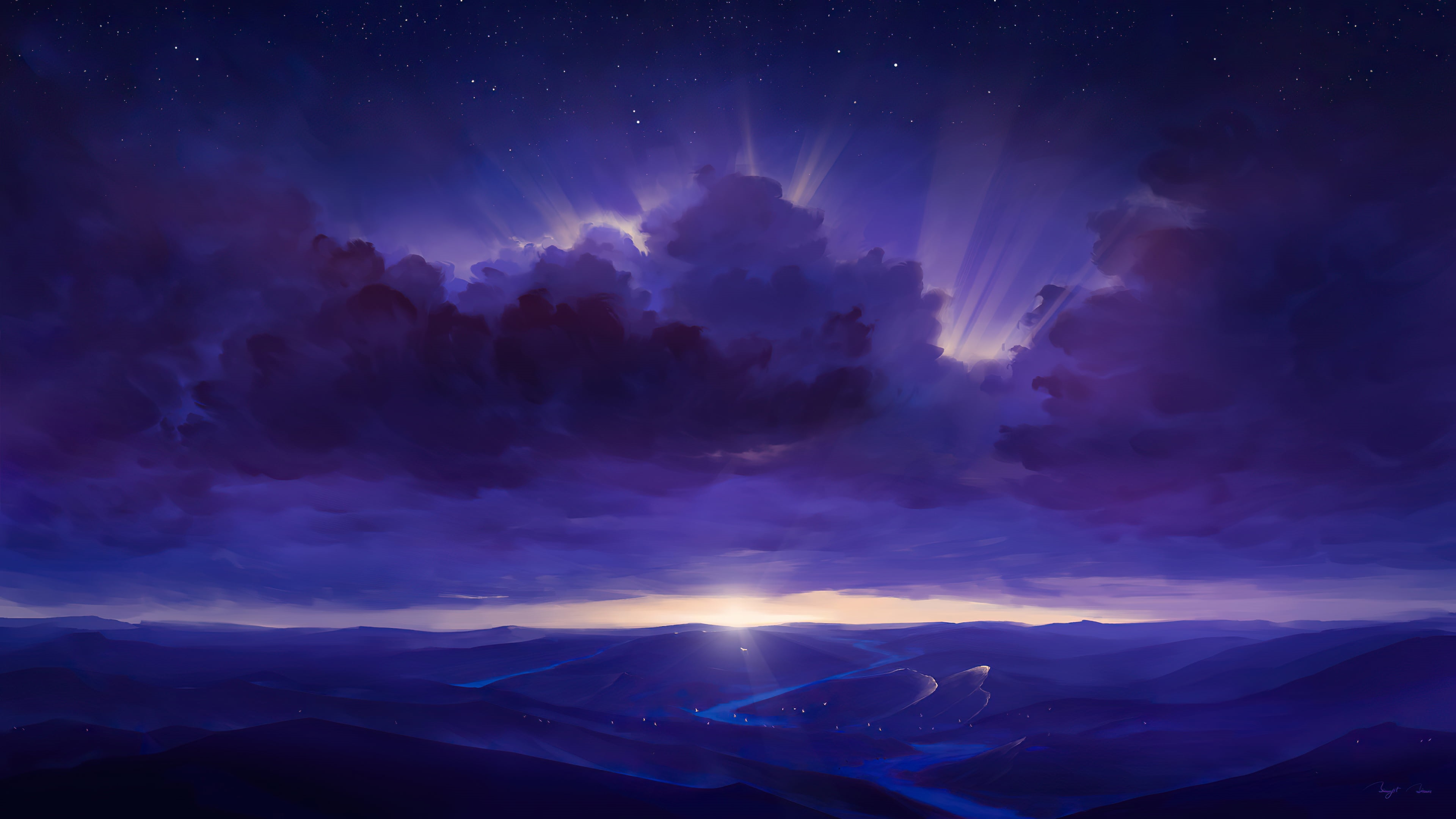 4K night sky over desert landscape with sun rays HD Wallpaper