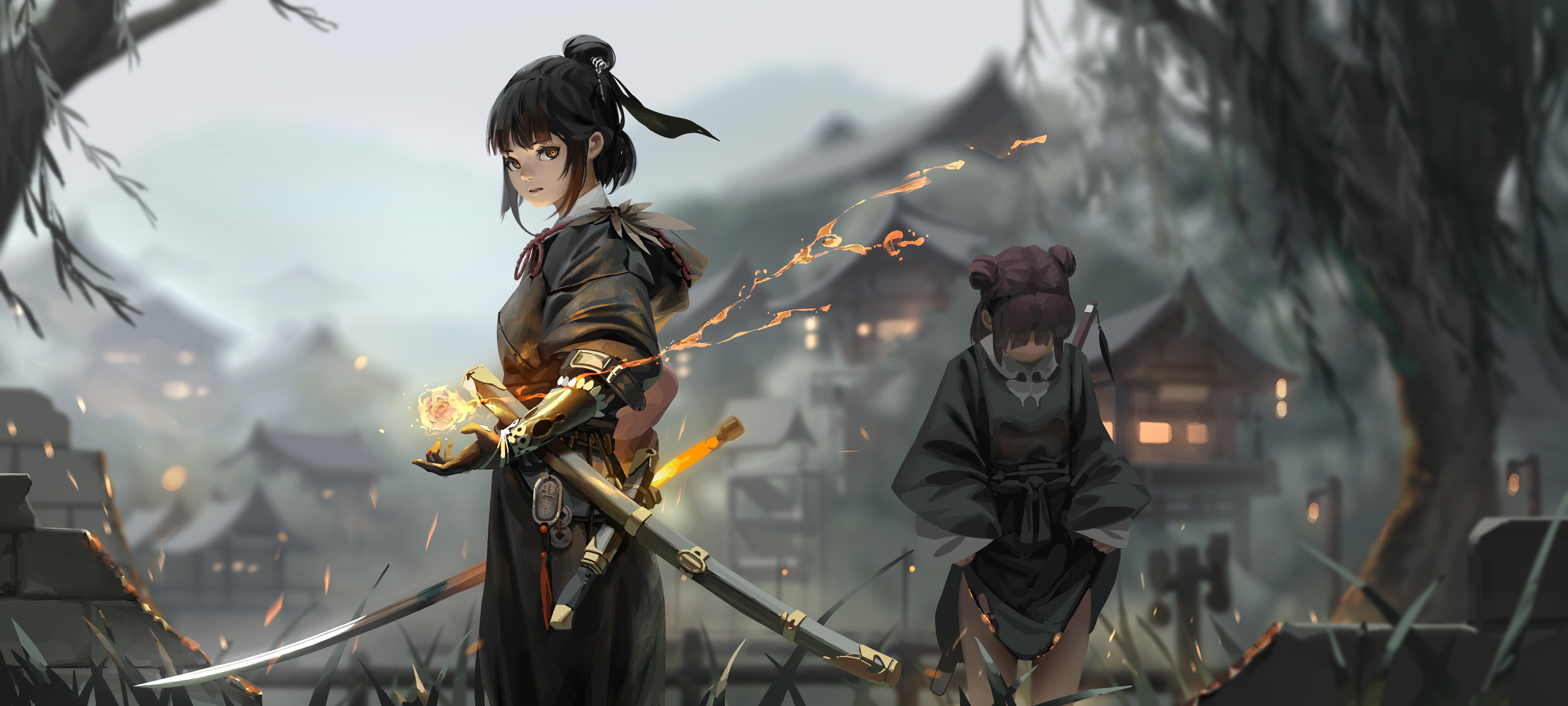 4K Anime Girls with Katanas in Ancient China HD Wallpaper