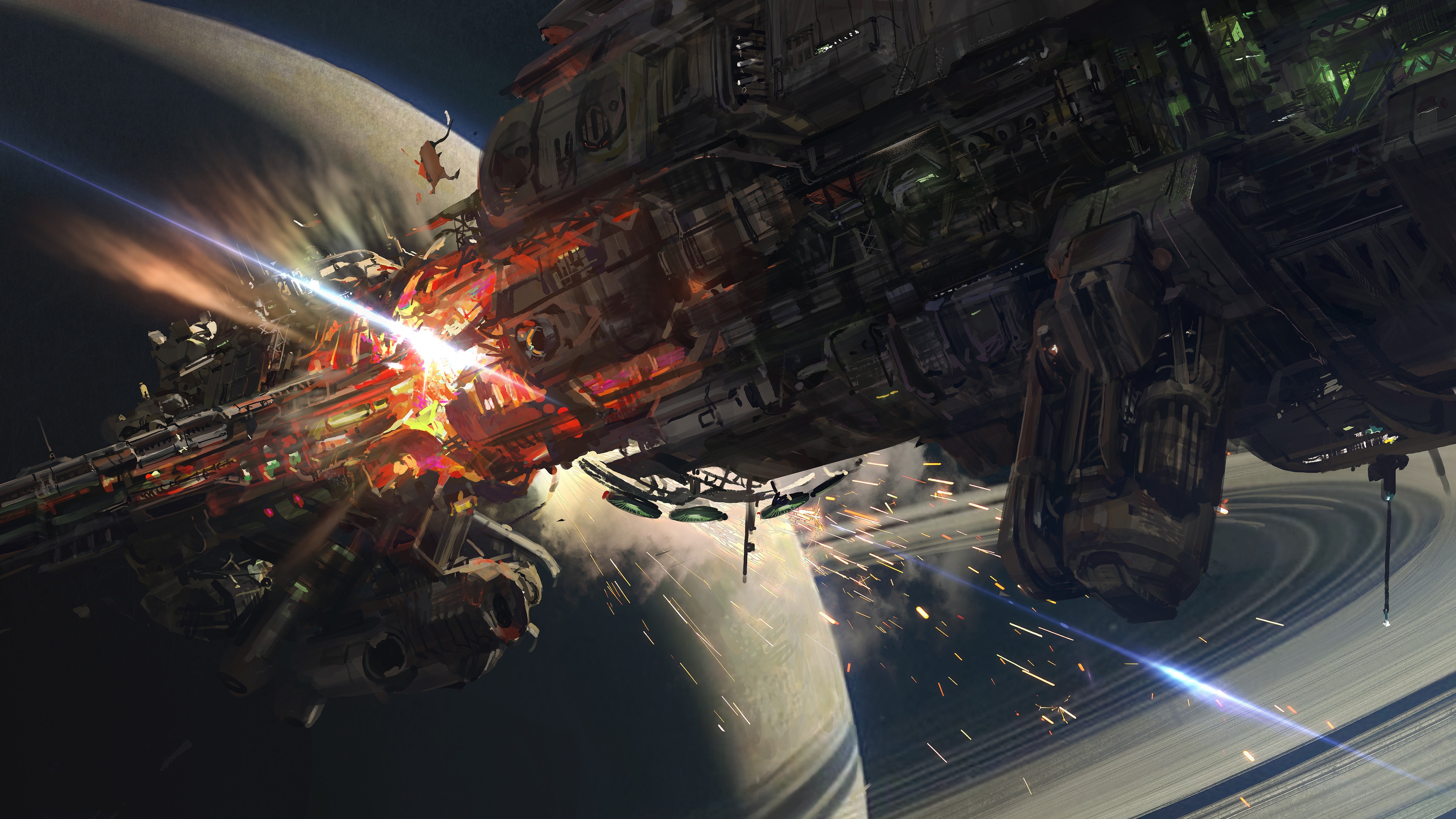 Spaceship battle near a ringed planet HD Wallpaper