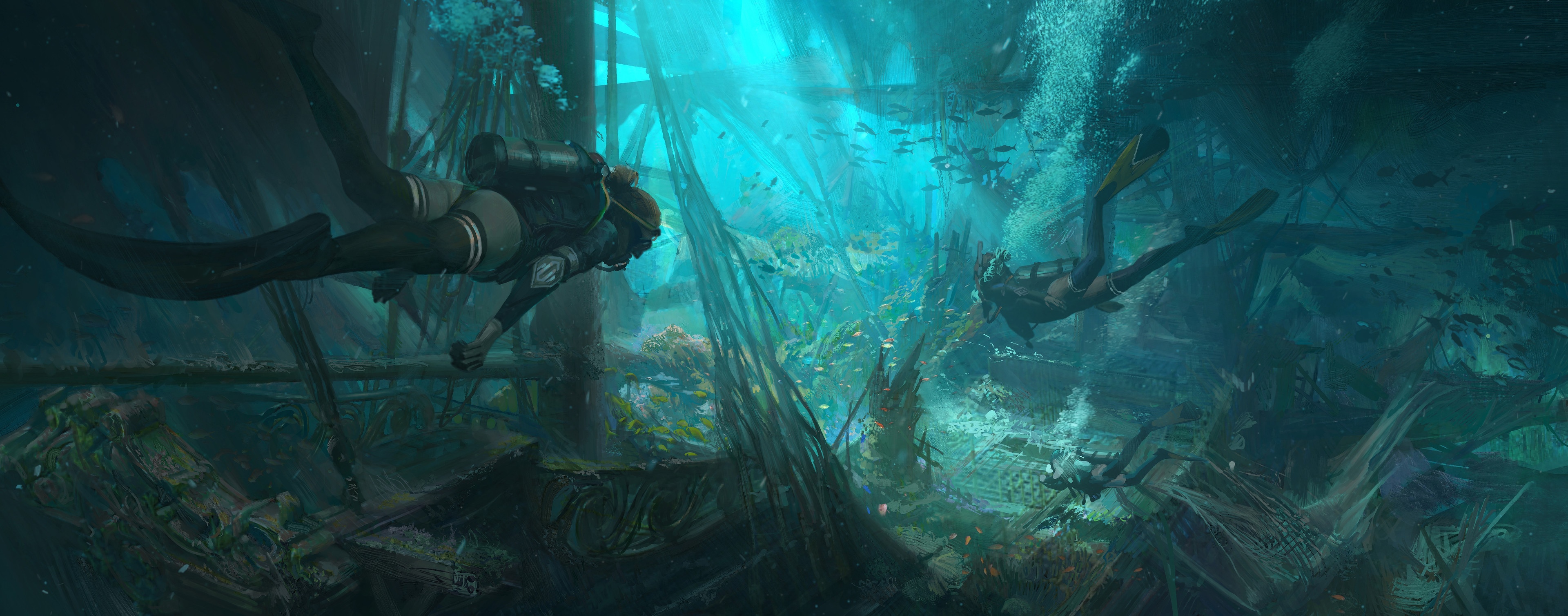 Scuba divers explore underwater ship ruins with fish HD Wallpaper