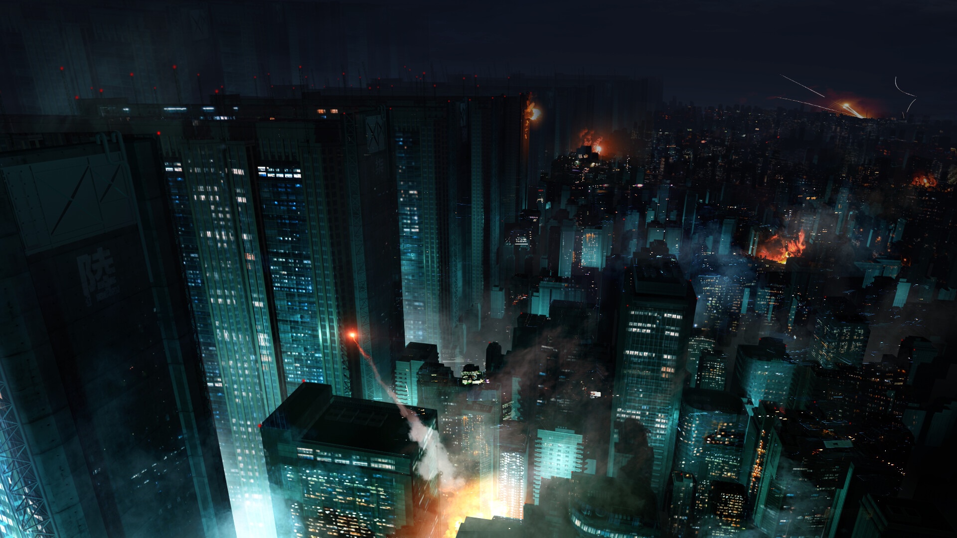 Futuristic city at night with explosions and missiles HD Wallpaper