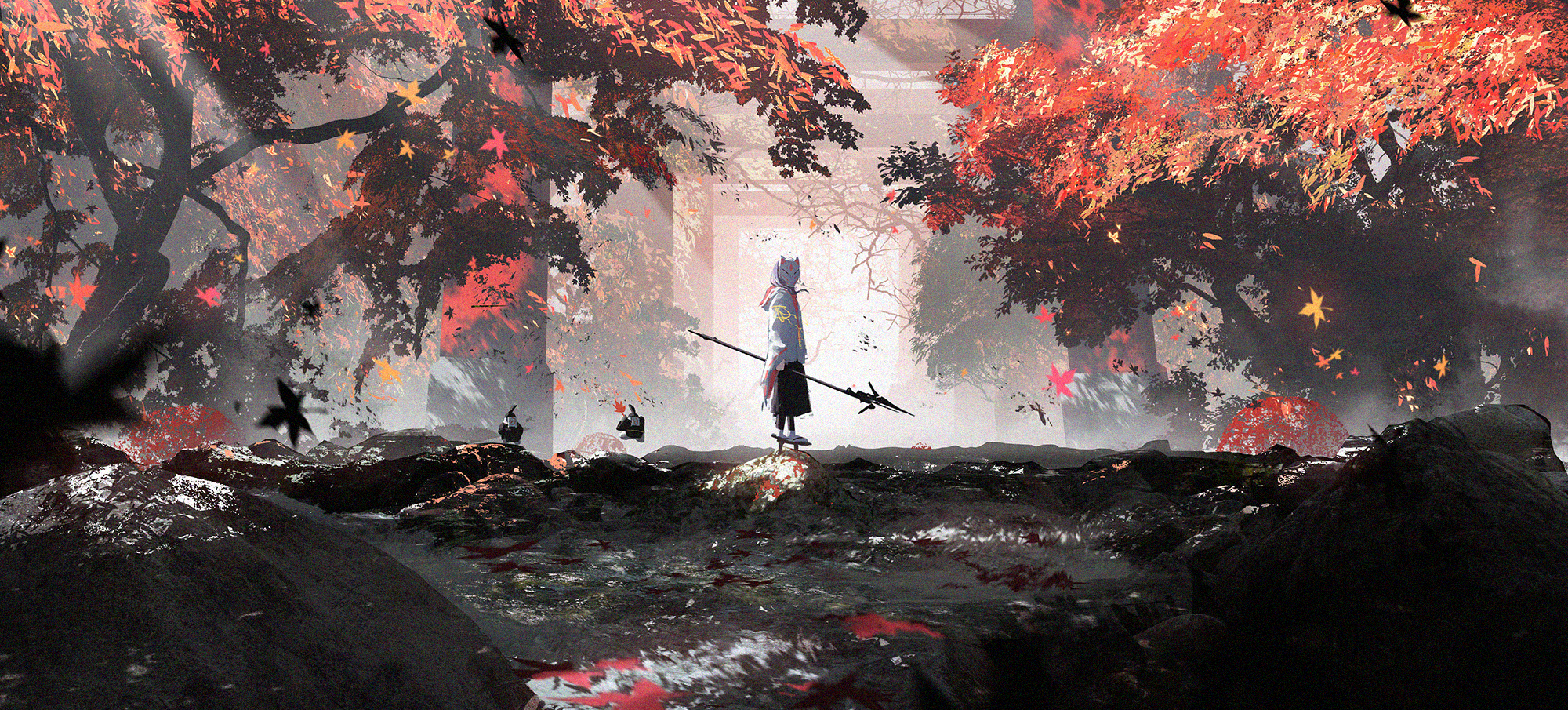 Anime character with a spear in a forest HD Wallpaper