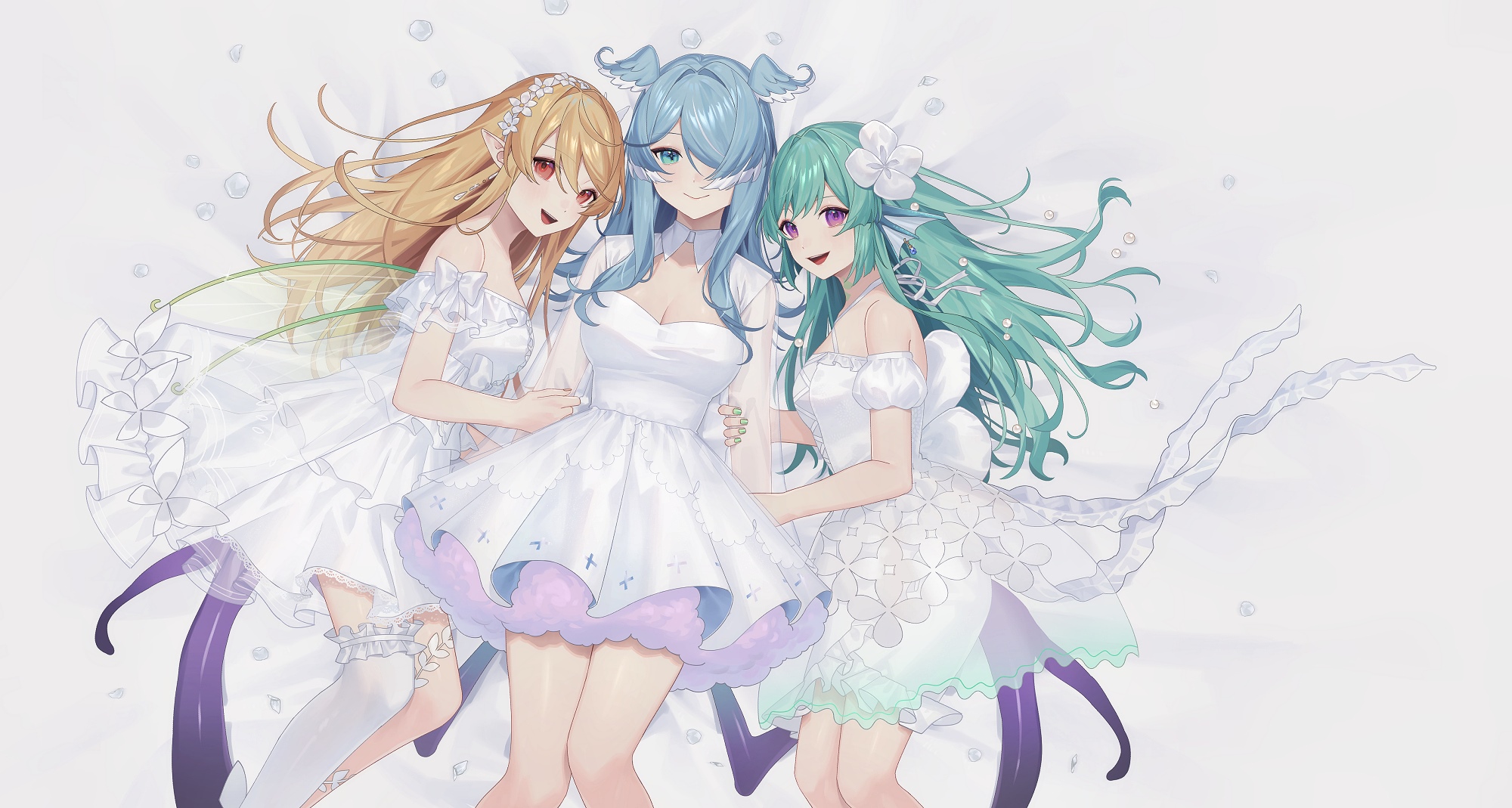 Pomu Rainpuff, Elira Pendora, and Finana Ryugu in white dresses HD Wallpaper