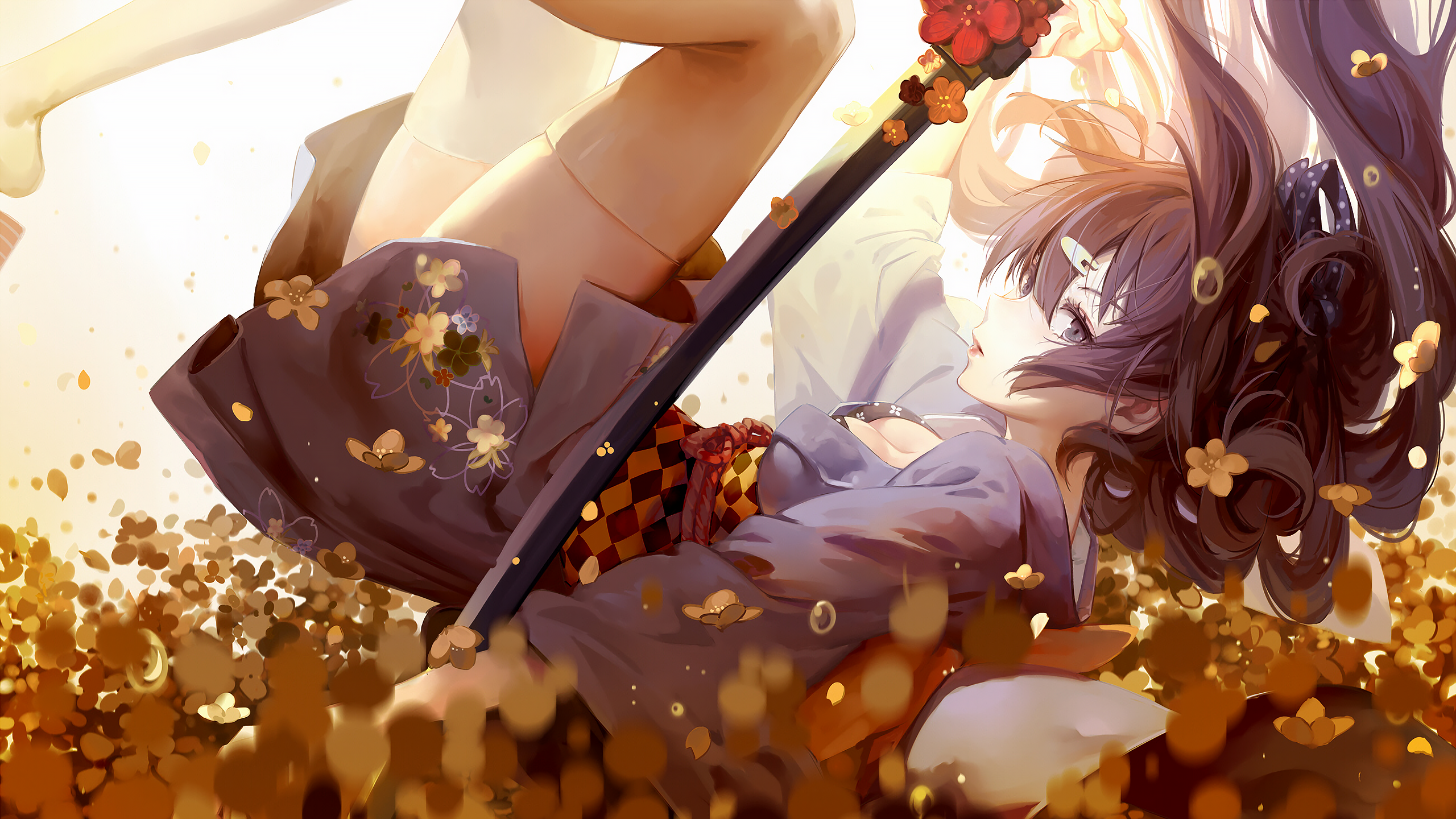 Girl with sword surrounded by flowers and petals HD Wallpaper