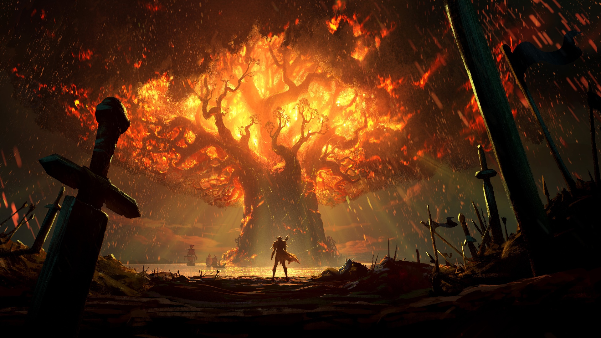 World Tree on fire with a warrior and ships HD Wallpaper