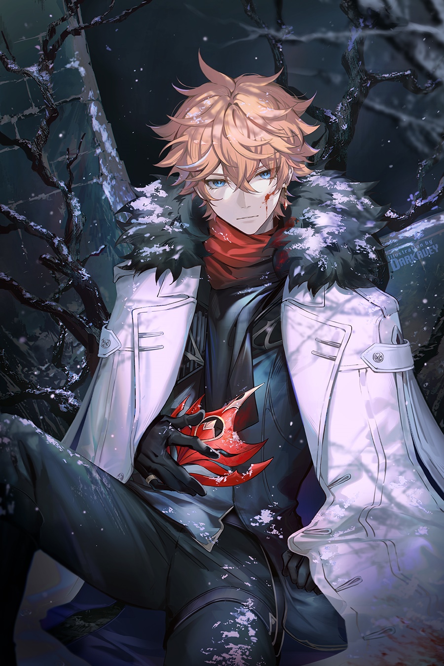 Tartaglia from Genshin Impact in a snowy forest HD Phone Wallpaper