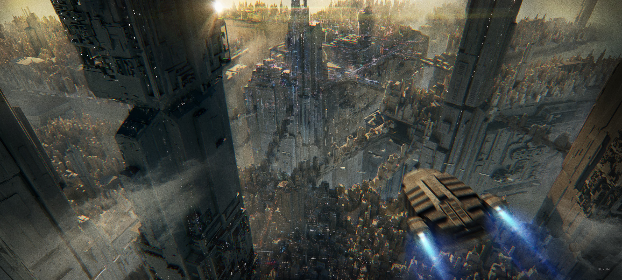 Futuristic city with skyscrapers and a flying vehicle HD Wallpaper