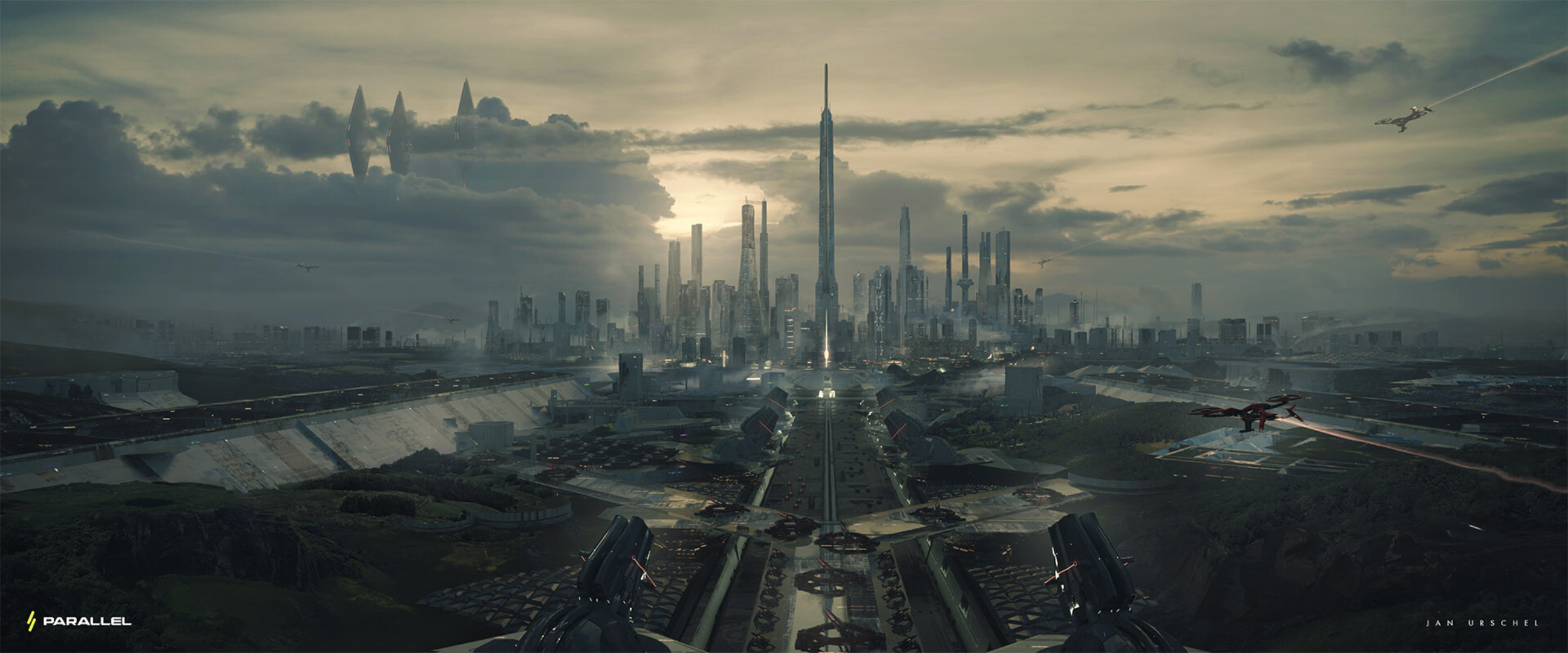 Futuristic city with flying vehicles and tall skyscrapers HD Wallpaper