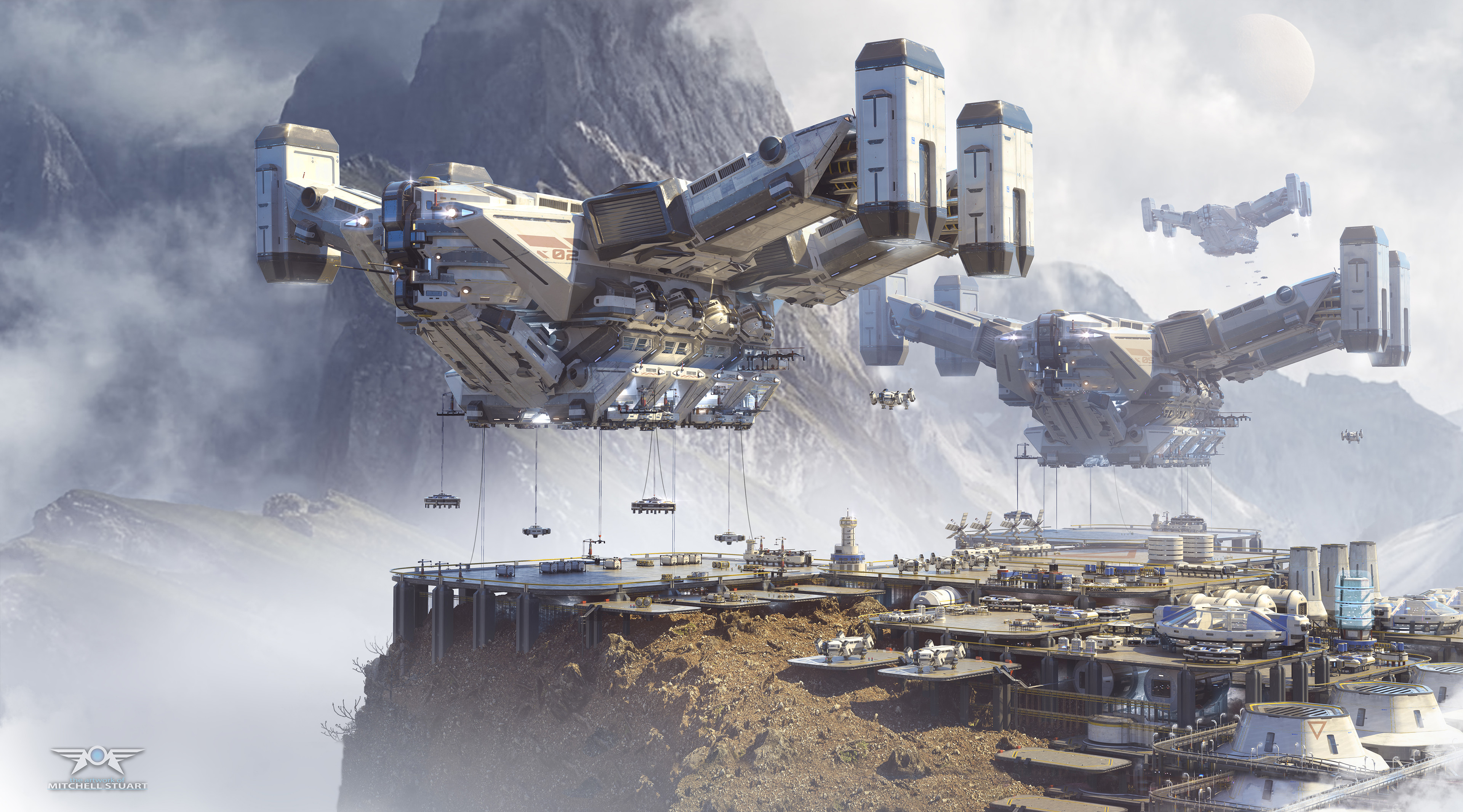 4K Futuristic Cargo Docks with Mountains and Aircraft HD Wallpaper