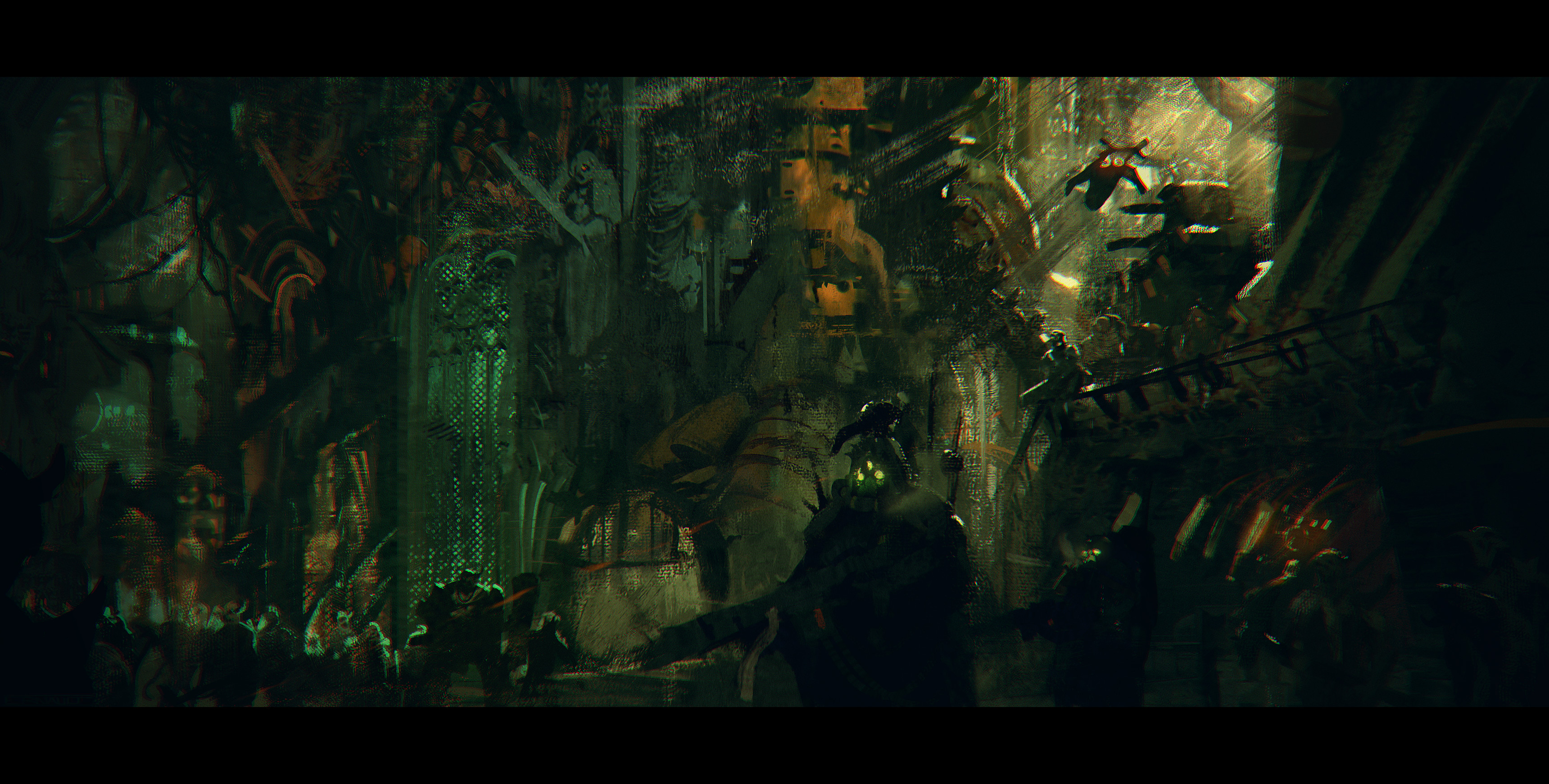 Warhammer 40,000 scene with soldiers and machinery HD Wallpaper