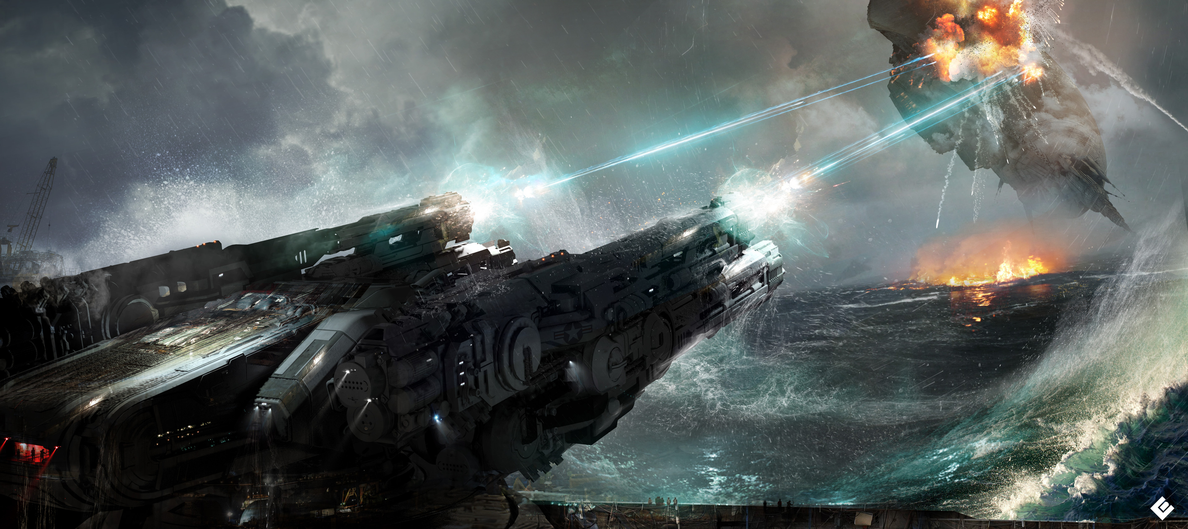 Futuristic spaceship battle in stormy seas HD Wallpaper