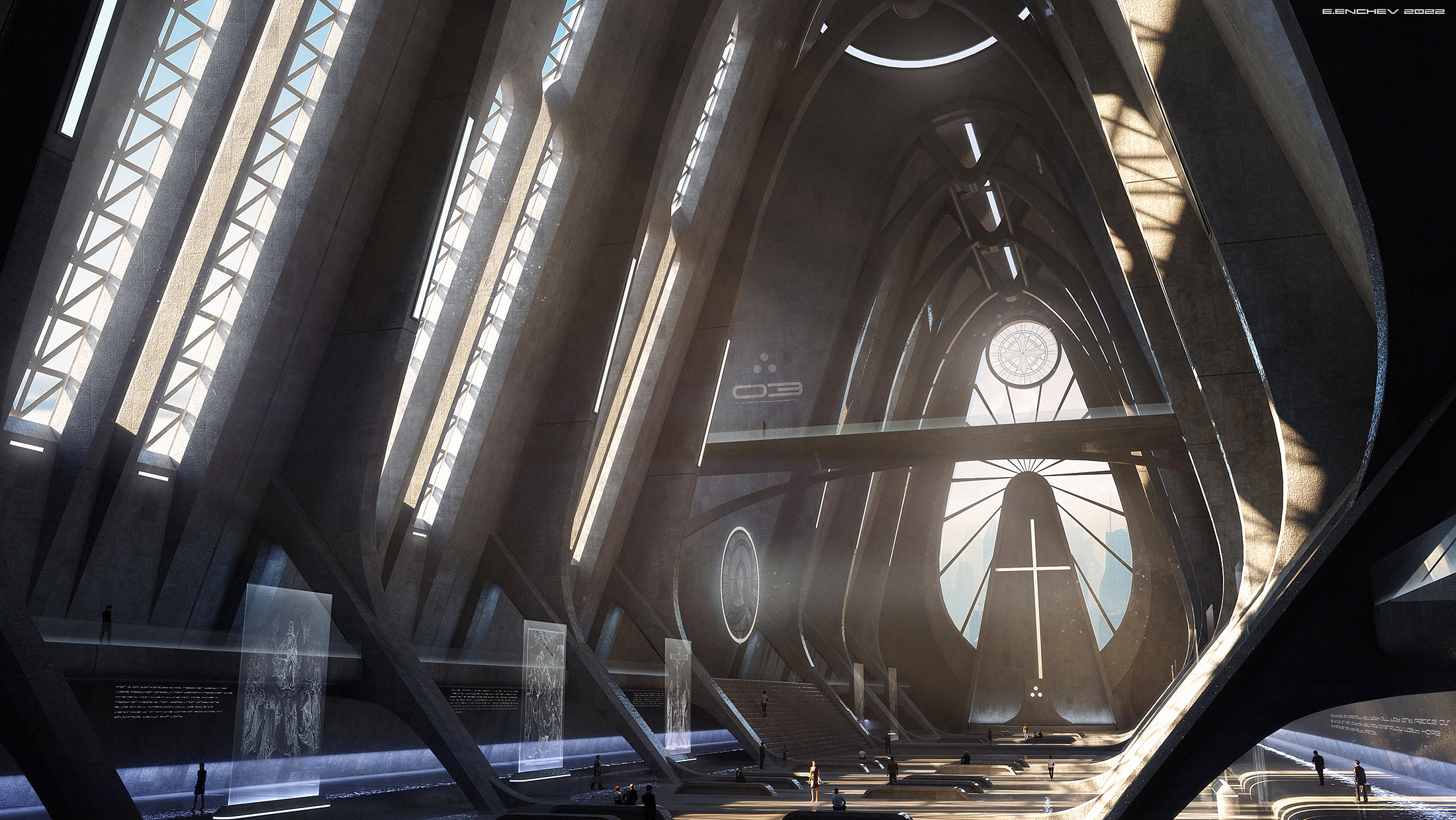 Futuristic cathedral interior with cross and sunlight HD Wallpaper