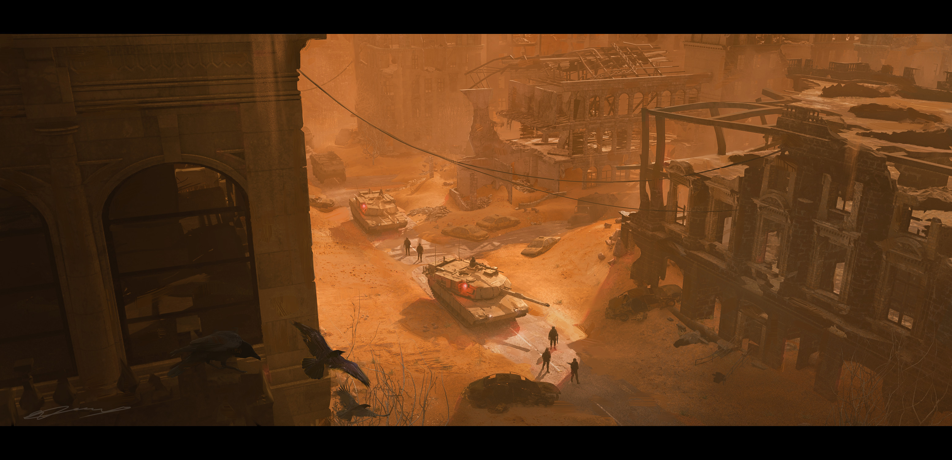 Tanks and figures in a dusty, ruined city HD Wallpaper