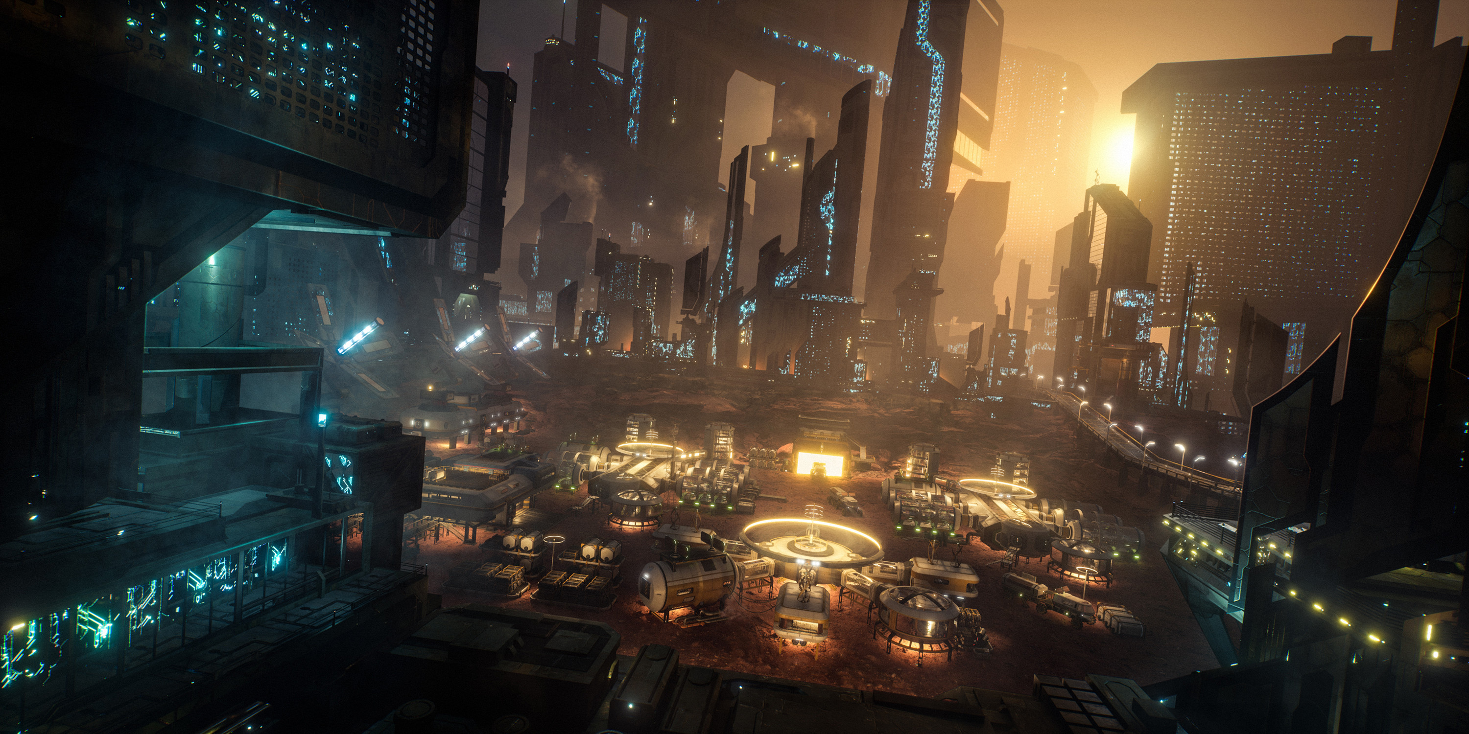 Futuristic cyberpunk city with neon lights and skyscrapers HD Wallpaper