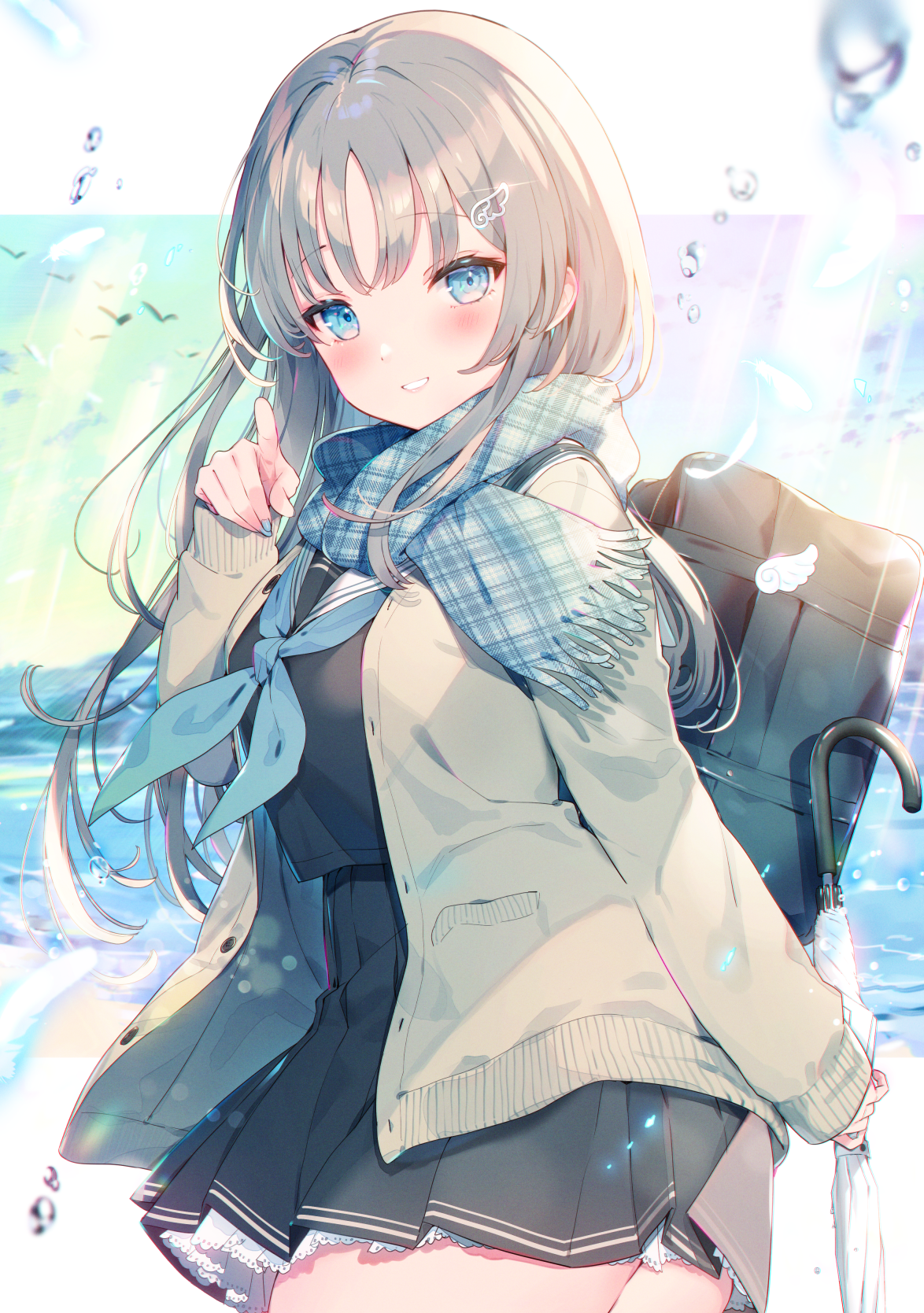 Schoolgirl with blue eyes and silver hair holding an umbrella HD Phone Wallpaper