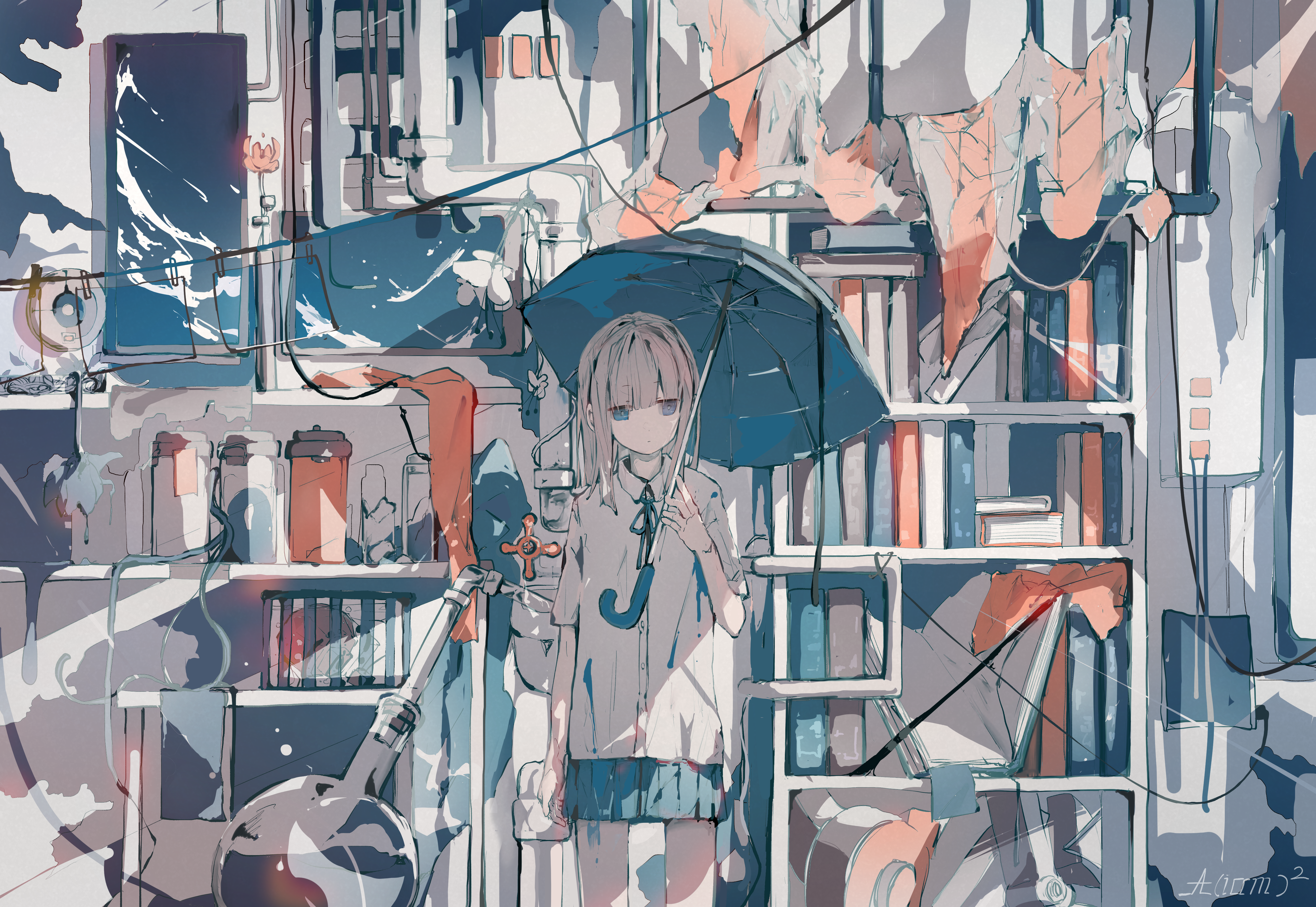Girl with umbrella in a cluttered room HD Wallpaper