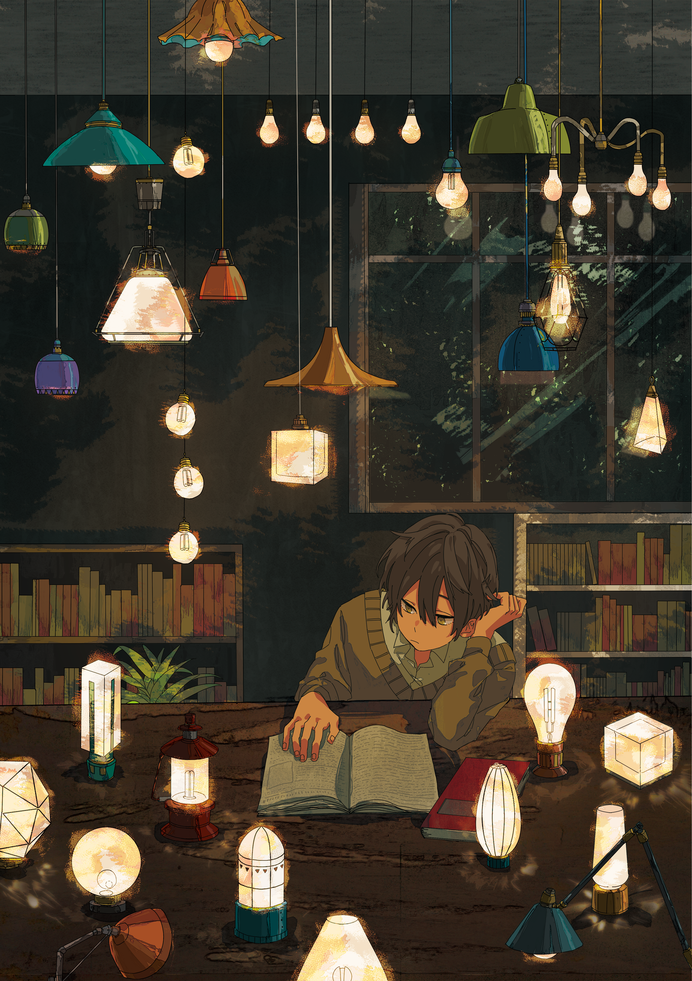 Anime boy reading surrounded by many lights HD Phone Wallpaper