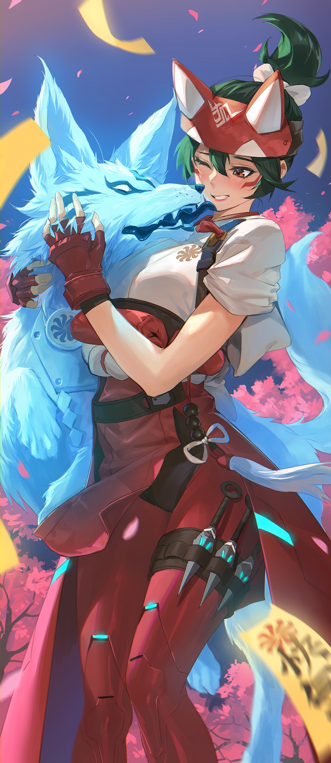 Kiriko and a blue fox in Overwatch HD Phone Wallpaper