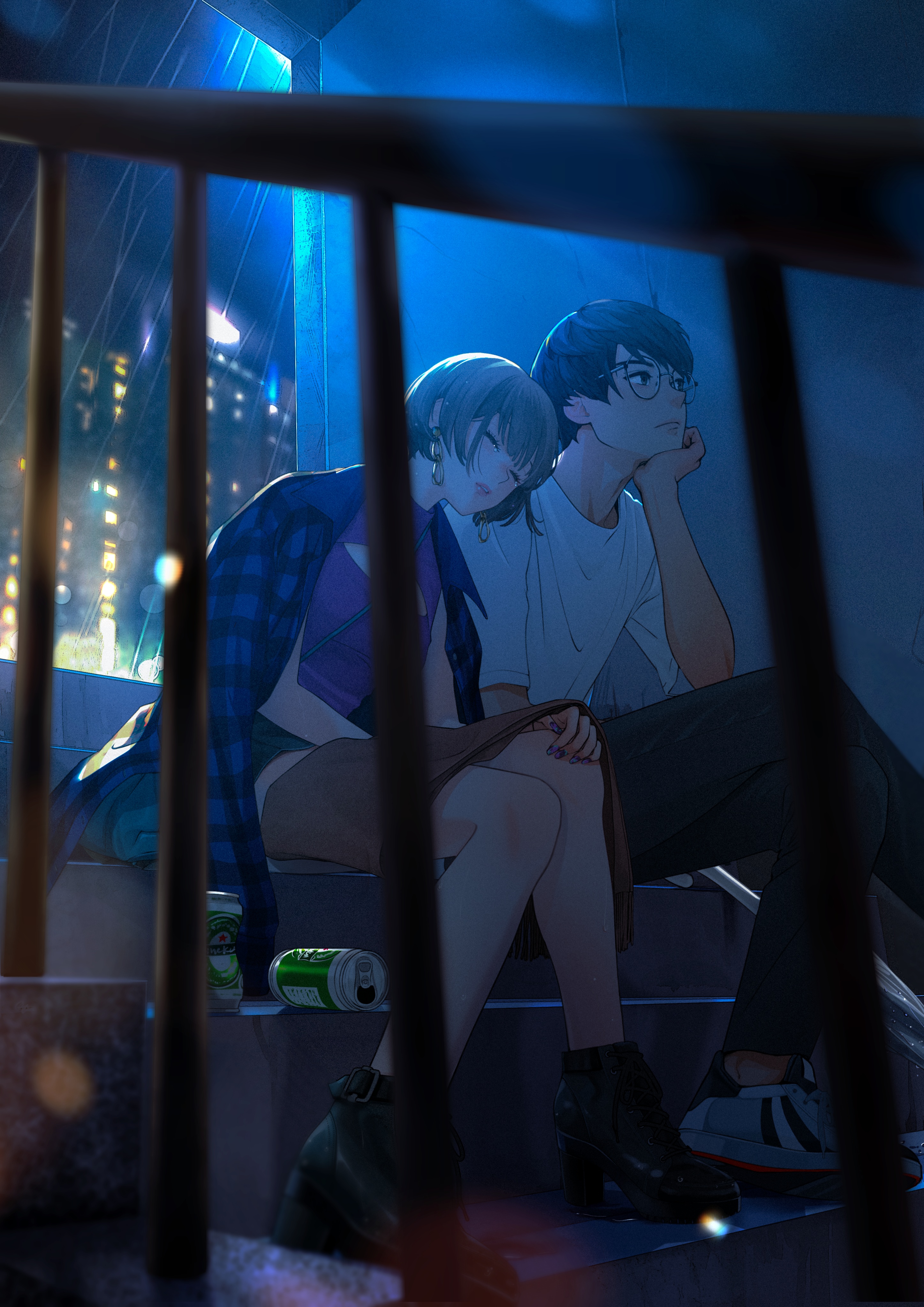 Anime couple sleeping on stairs with city lights HD Phone Wallpaper