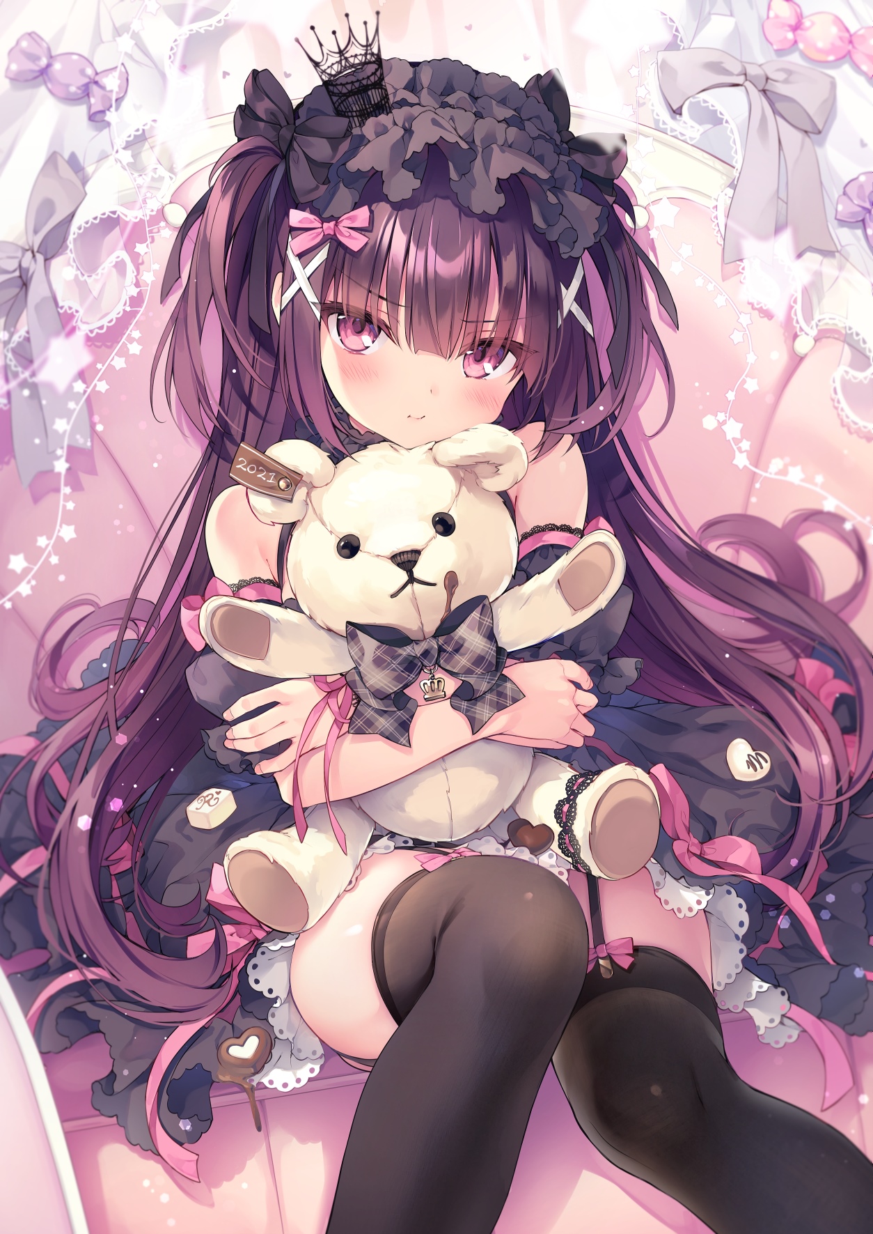 Girl with purple hair holding a teddy bear HD Phone Wallpaper
