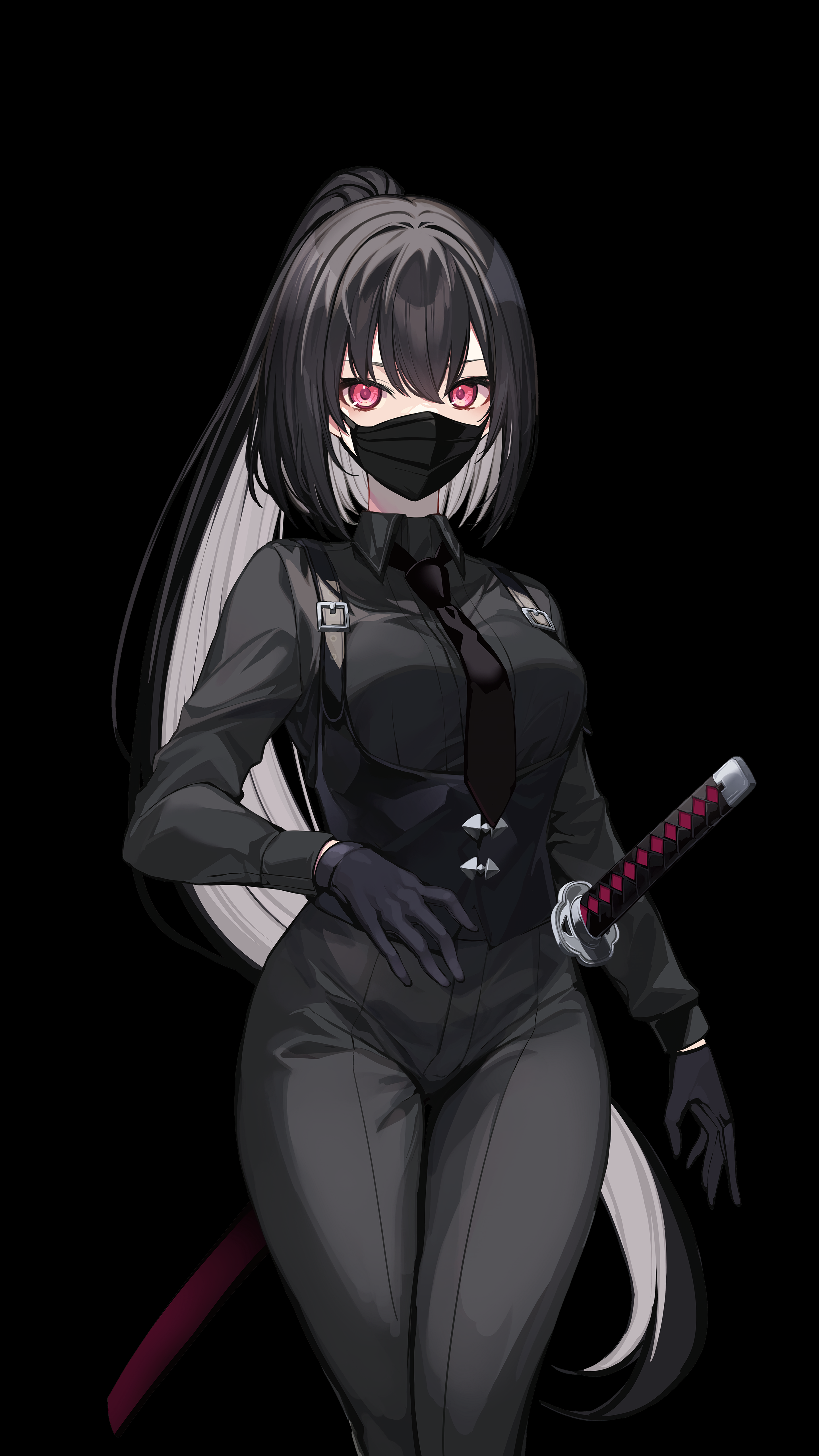 Woman with black hair, mask, and katana HD Phone Wallpaper