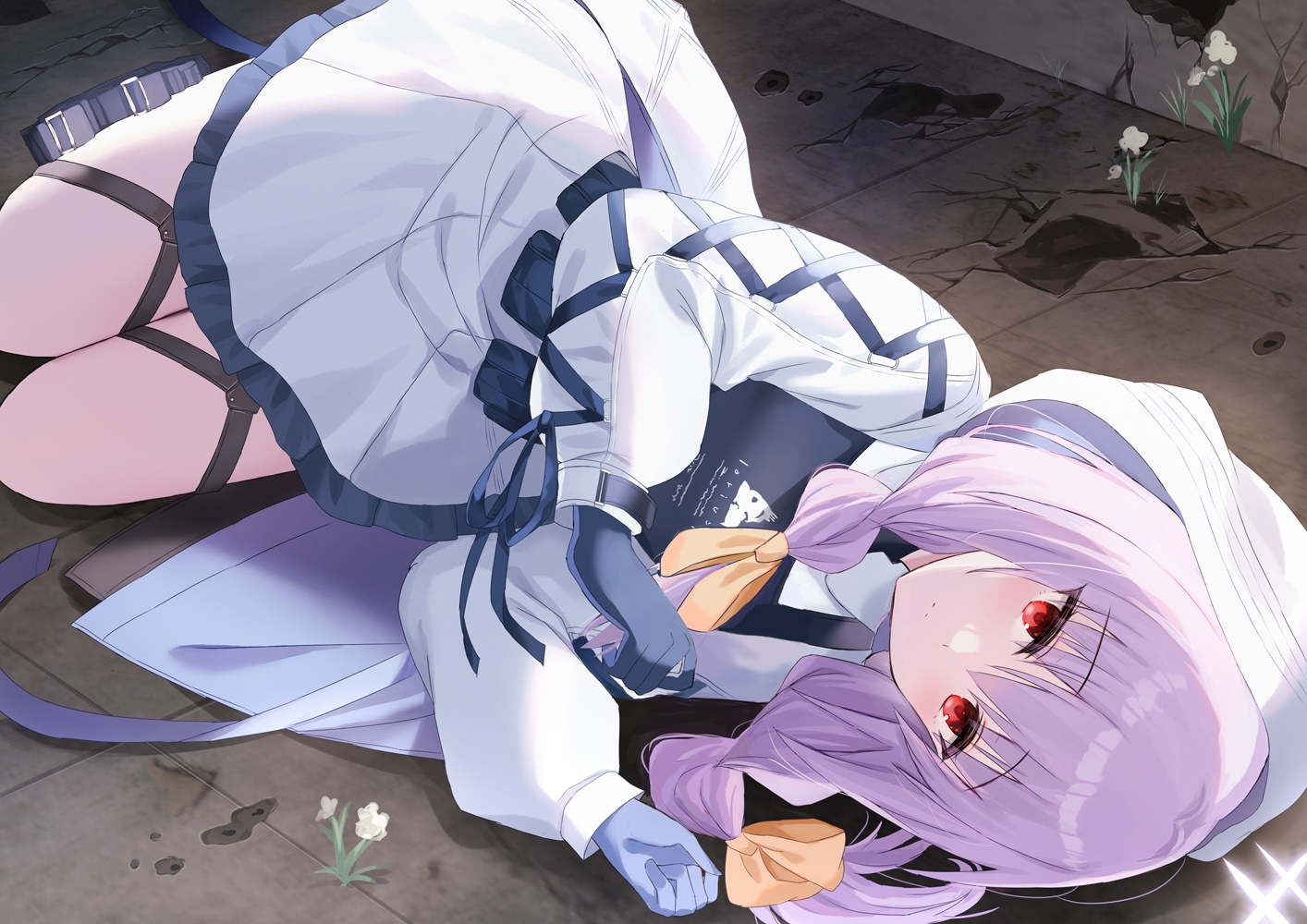 Girl with purple hair and red eyes lying down HD Wallpaper