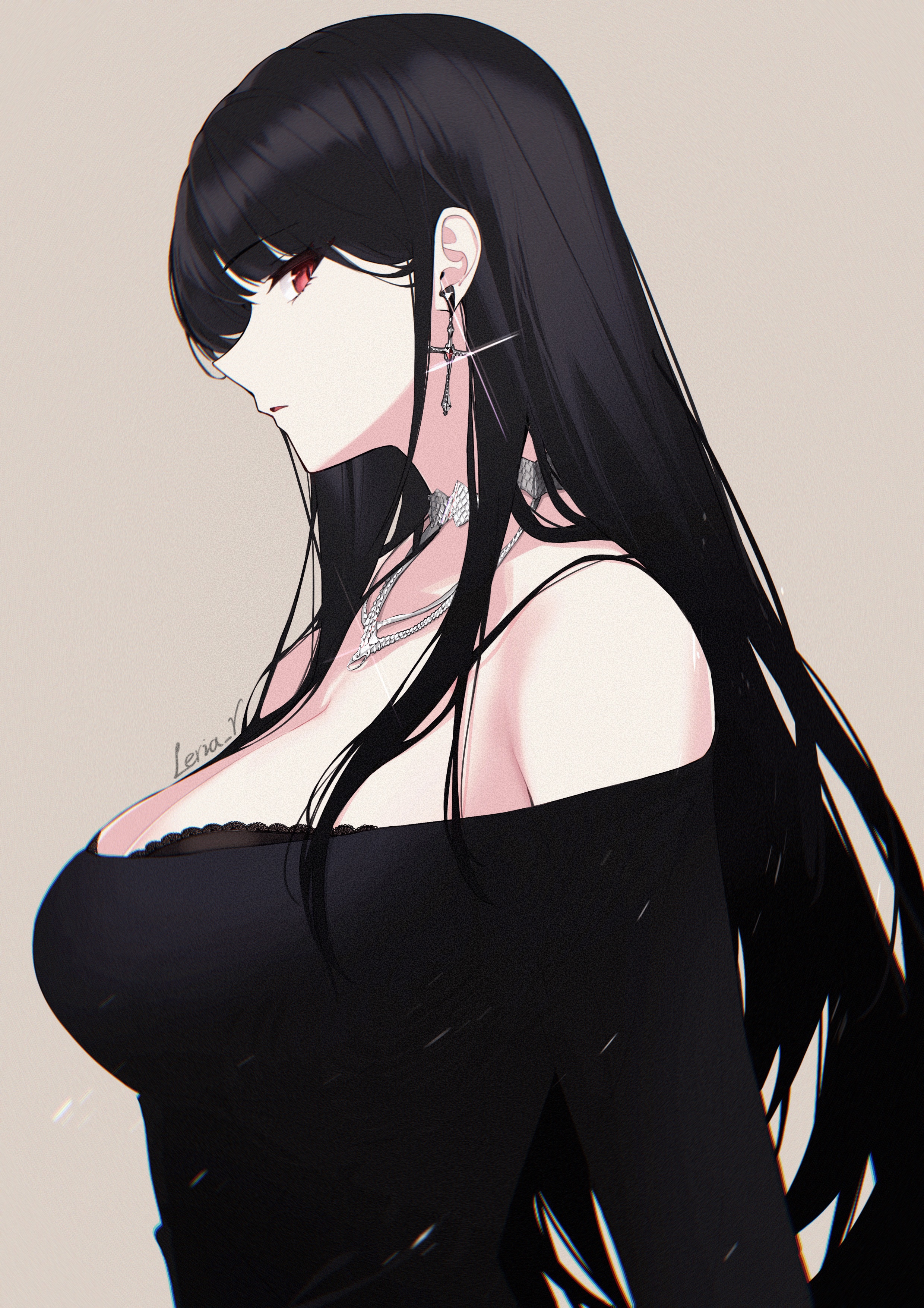 Anime girl with black hair and red eyes wearing a black dress HD Phone Wallpaper