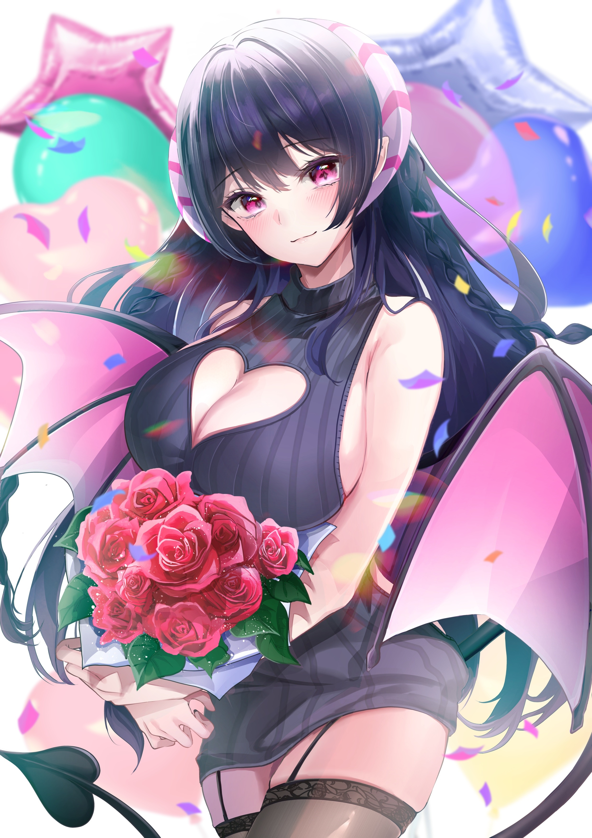 Anime Demon Girl Holding Roses with Balloons HD Phone Wallpaper