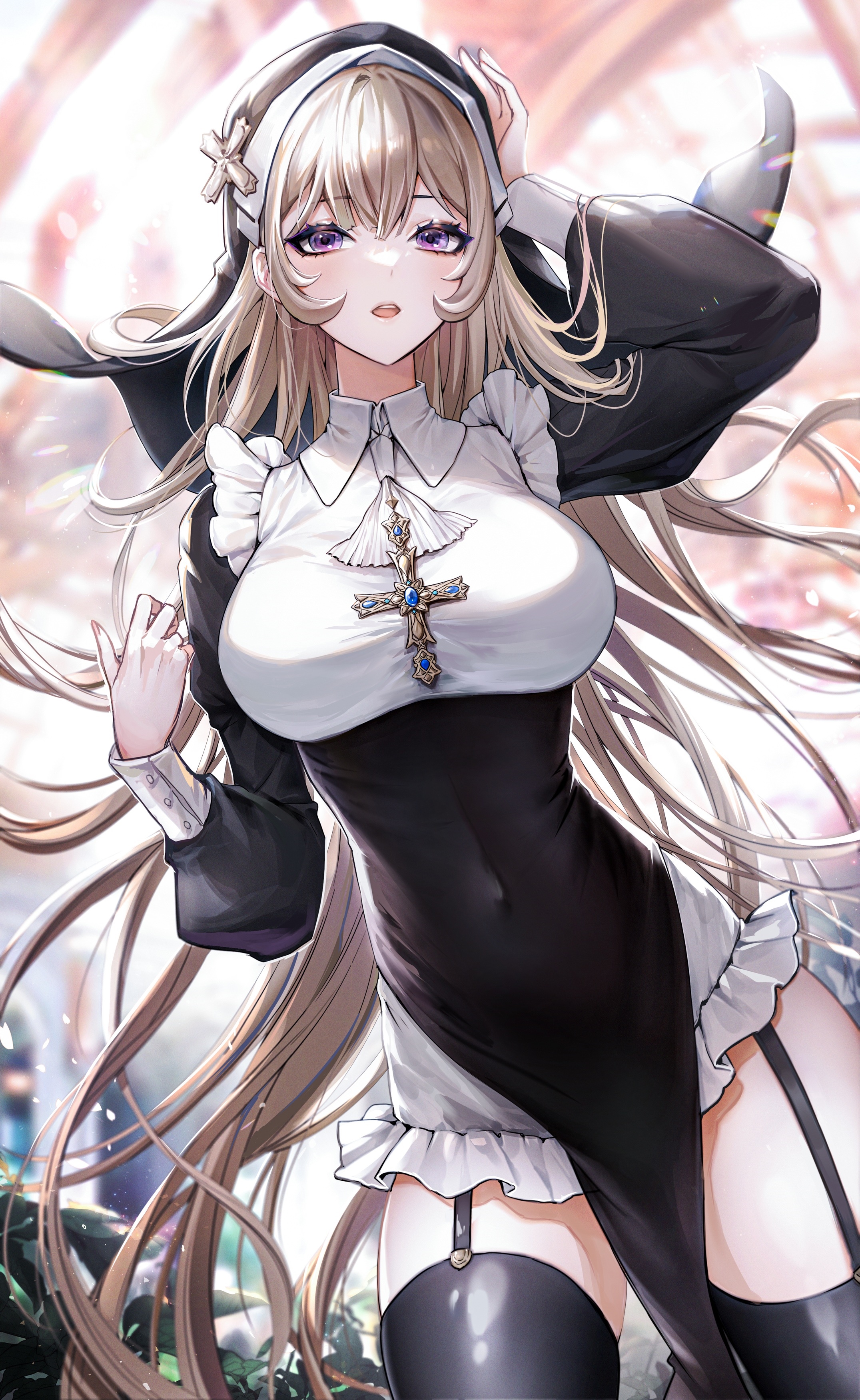 Nun with blonde hair and purple eyes HD Phone Wallpaper