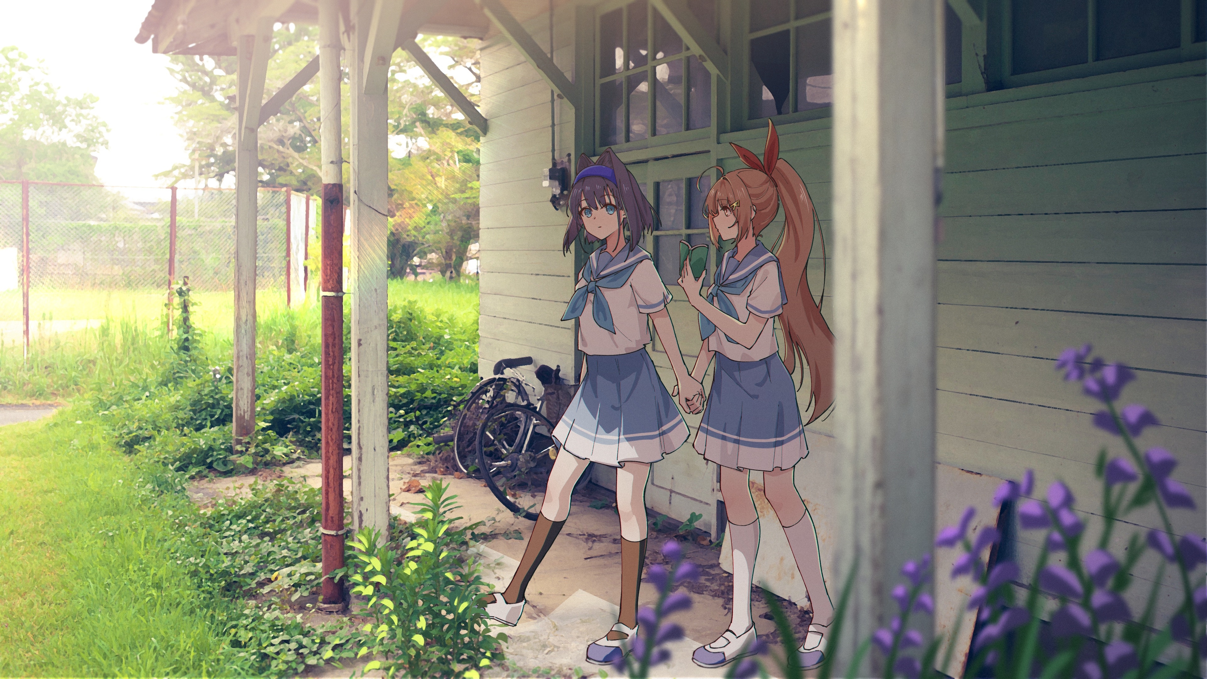 4K Ouro Kronii and Nanashi Mumei in school uniforms HD Wallpaper