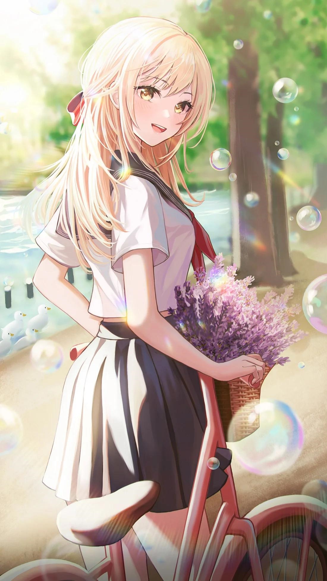 Schoolgirl with blonde hair and yellow eyes on a bicycle HD Phone Wallpaper