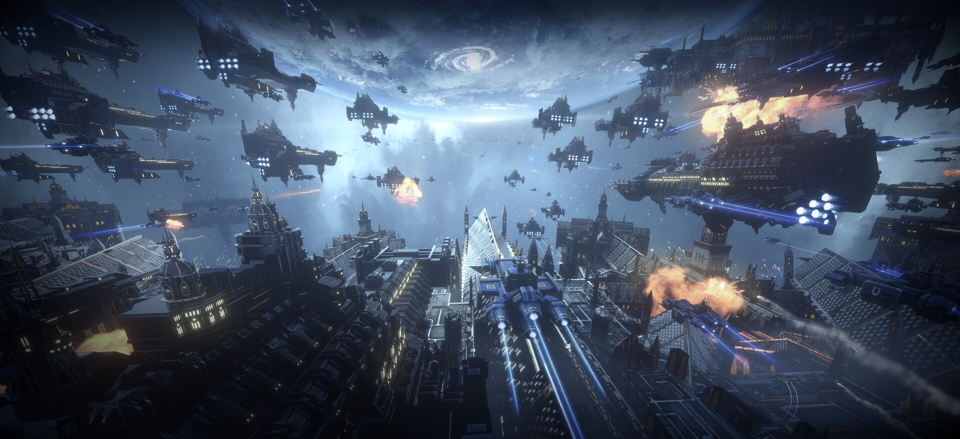 Warhammer 40,000 space battle over a city HD Wallpaper