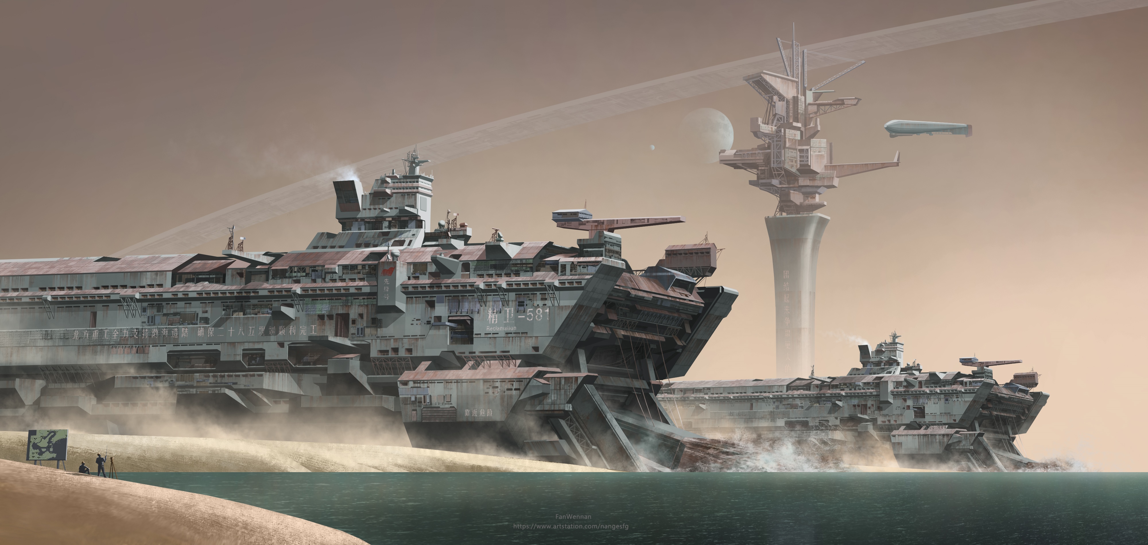 4K Futuristic Ships and Offshore Platform HD Wallpaper