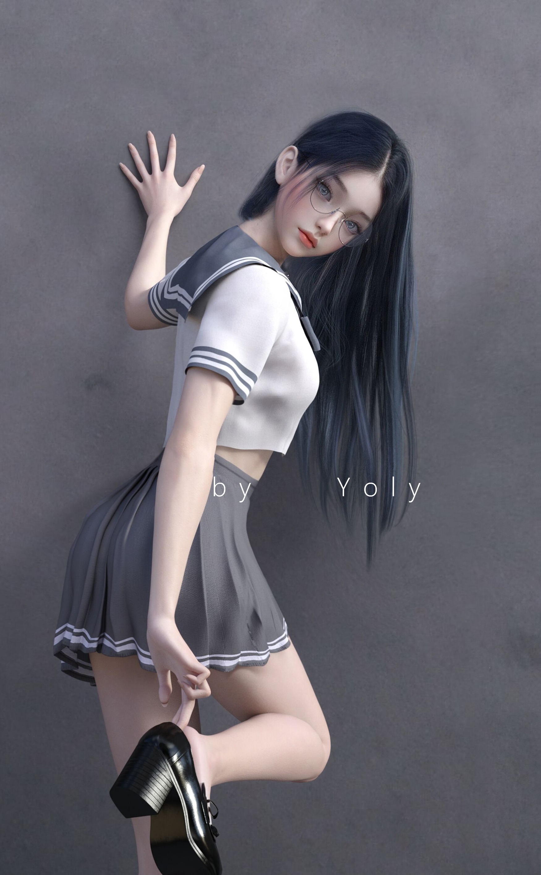 Asian woman wearing glasses and school uniform HD Phone Wallpaper