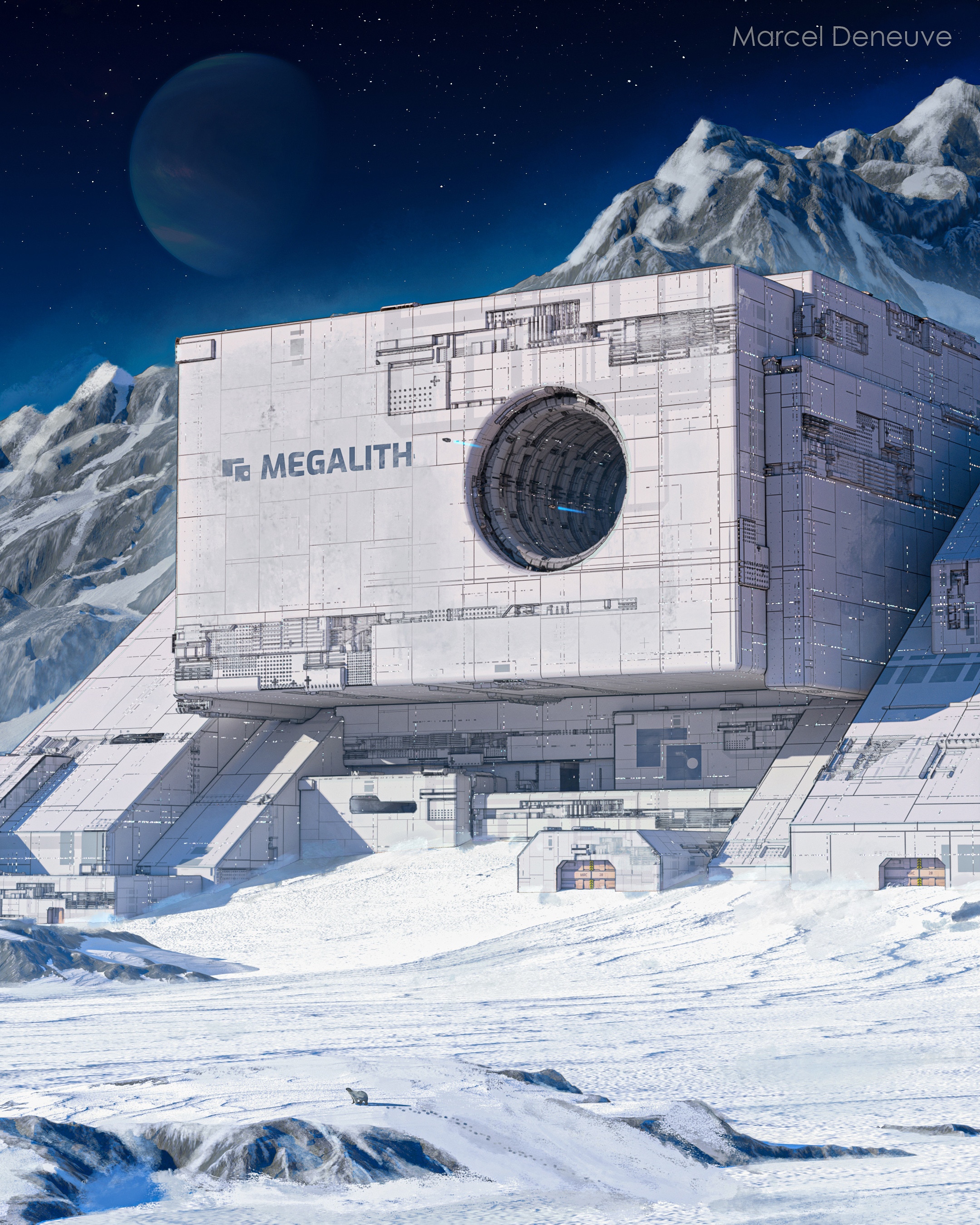 Megalith futuristic building in snowy mountains by Marcel Deneuve HD Phone Wallpaper