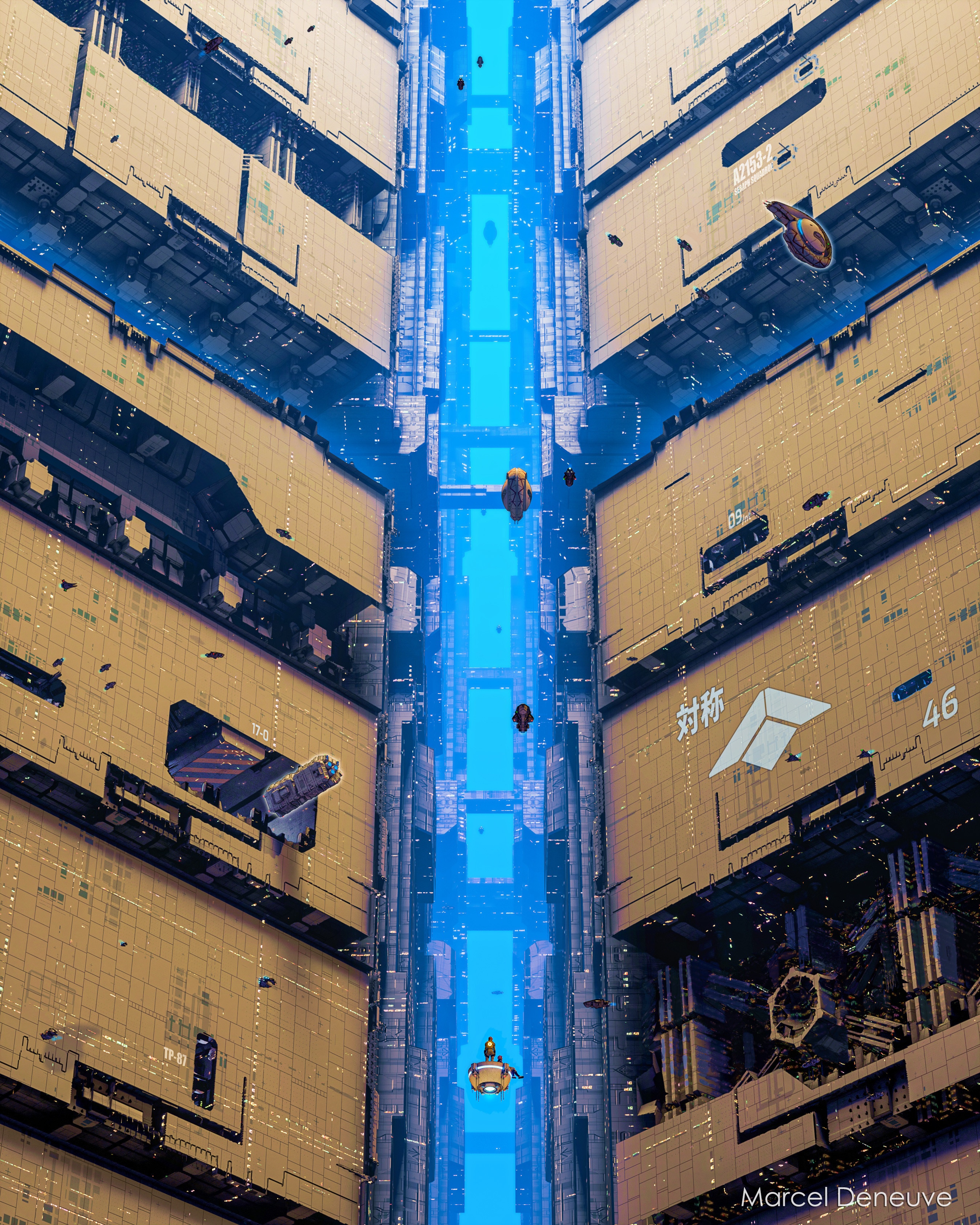 Futuristic Cityscape with Spaceships by Marcel Deneuve HD Phone Wallpaper