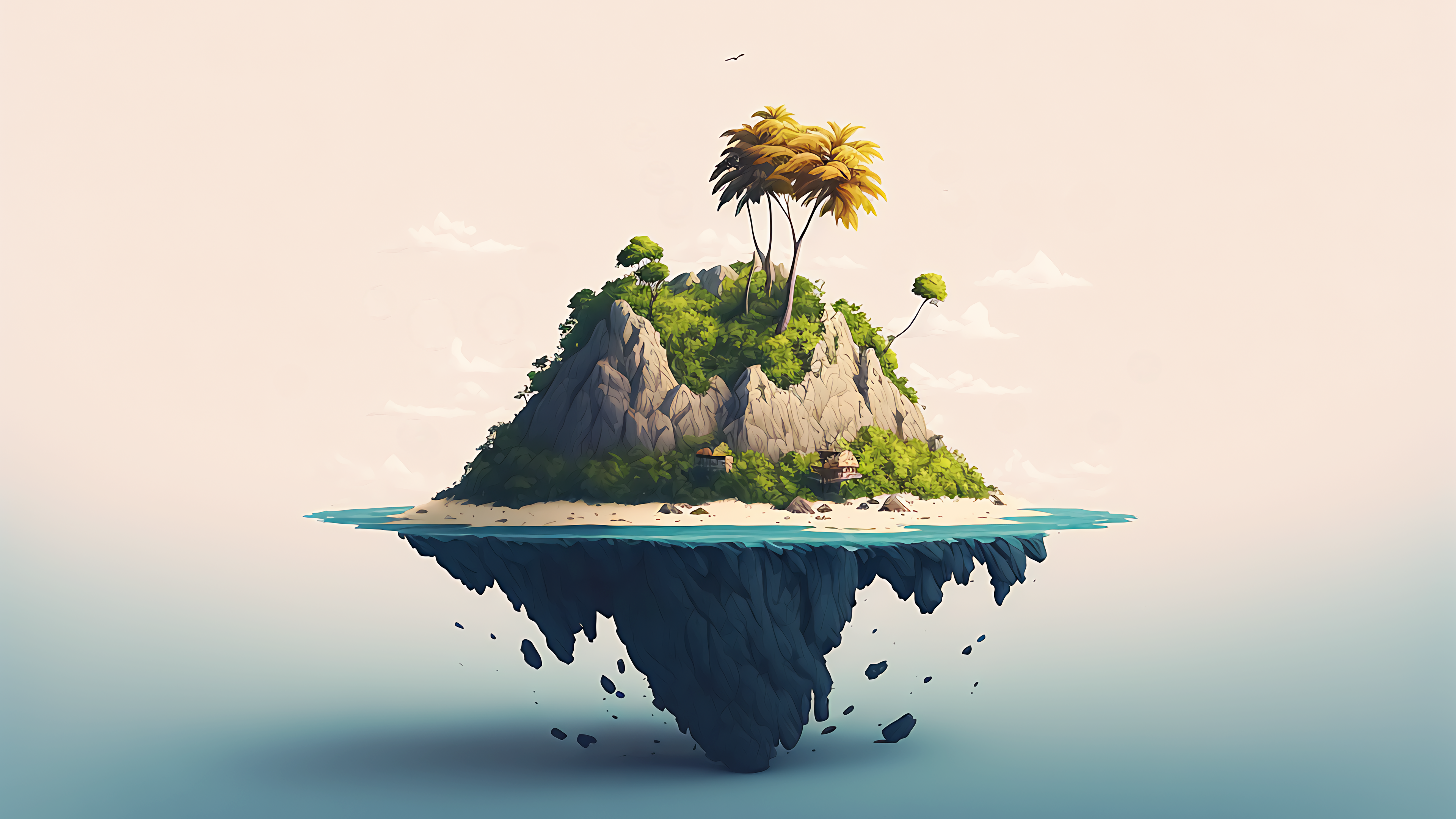 4K floating island with palm trees and houses HD Wallpaper