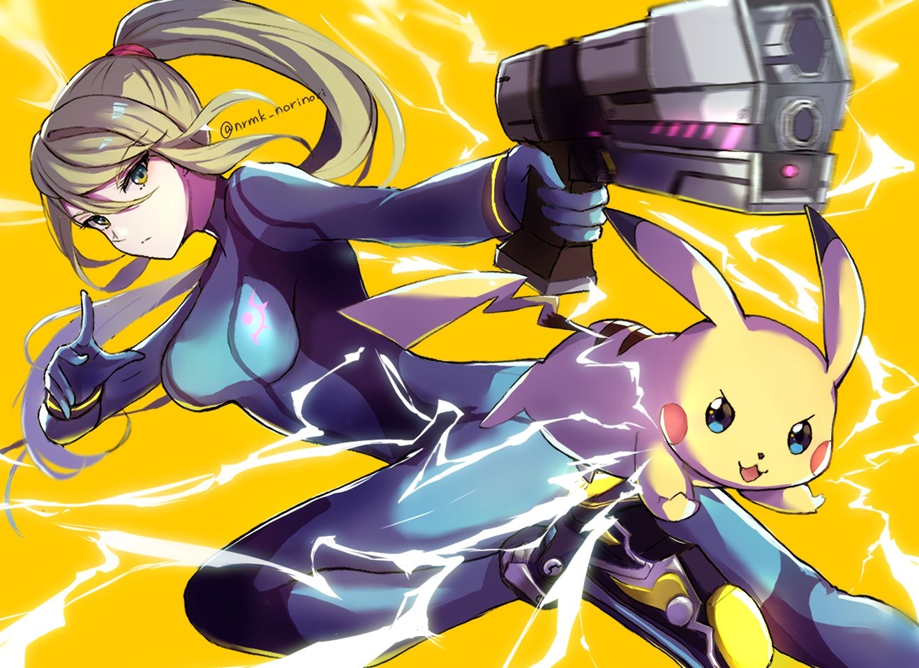 Samus Aran and Pikachu with a blaster HD Wallpaper