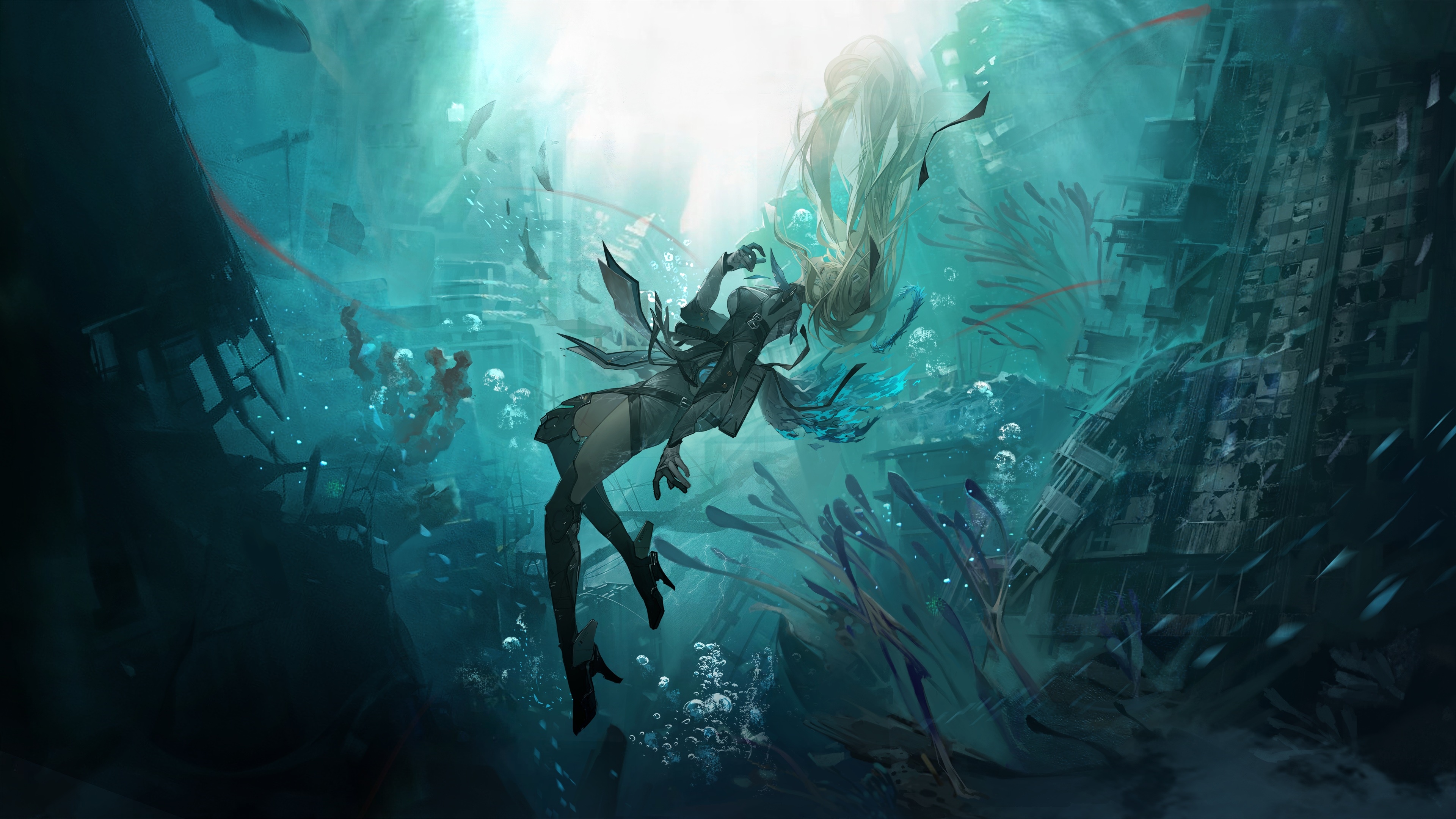 4K underwater ruins with Punishing: Gray Raven character HD Wallpaper